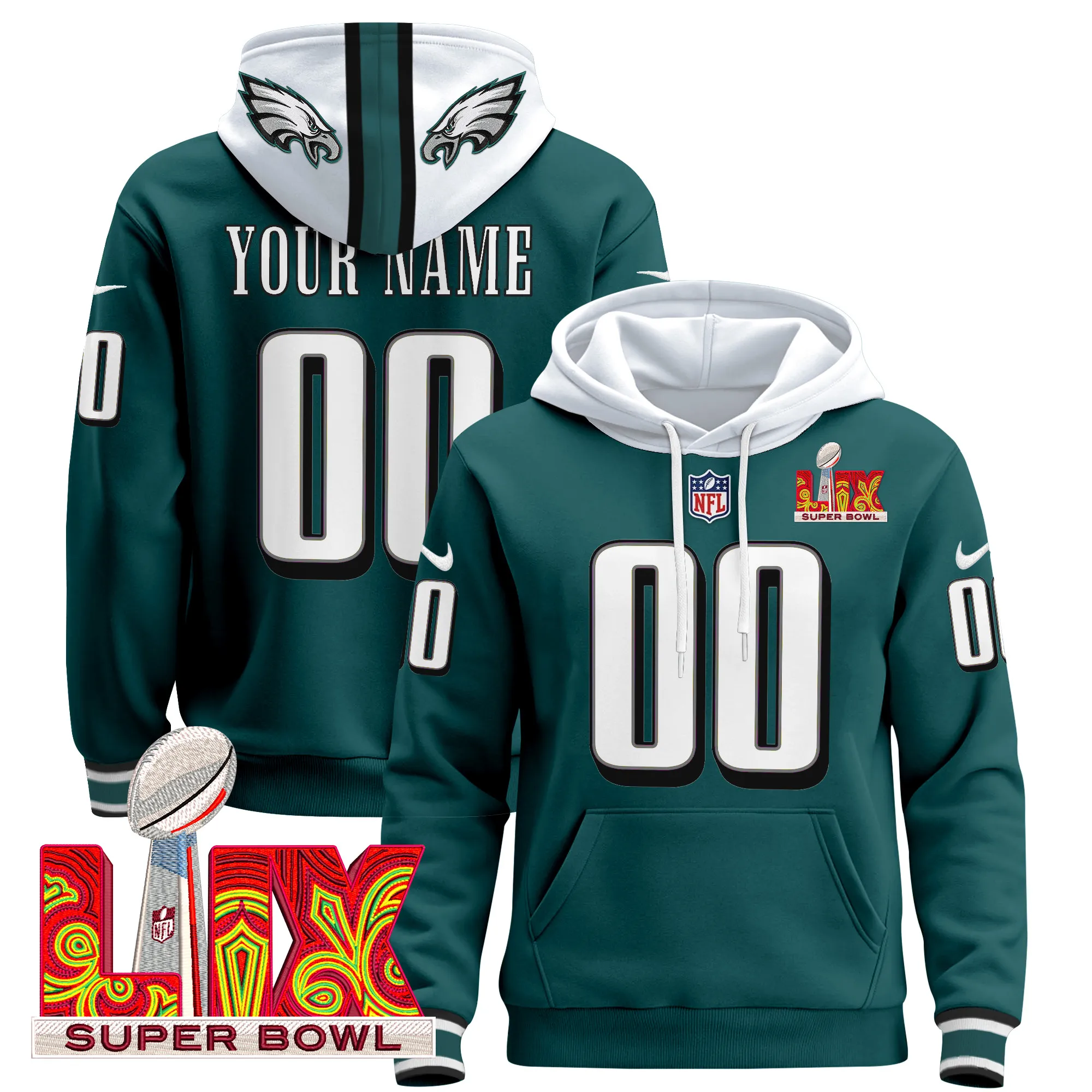 Philadelphia Eagles Super Bowl LIX Patch Custom Pullover Hoodie - All Stitched