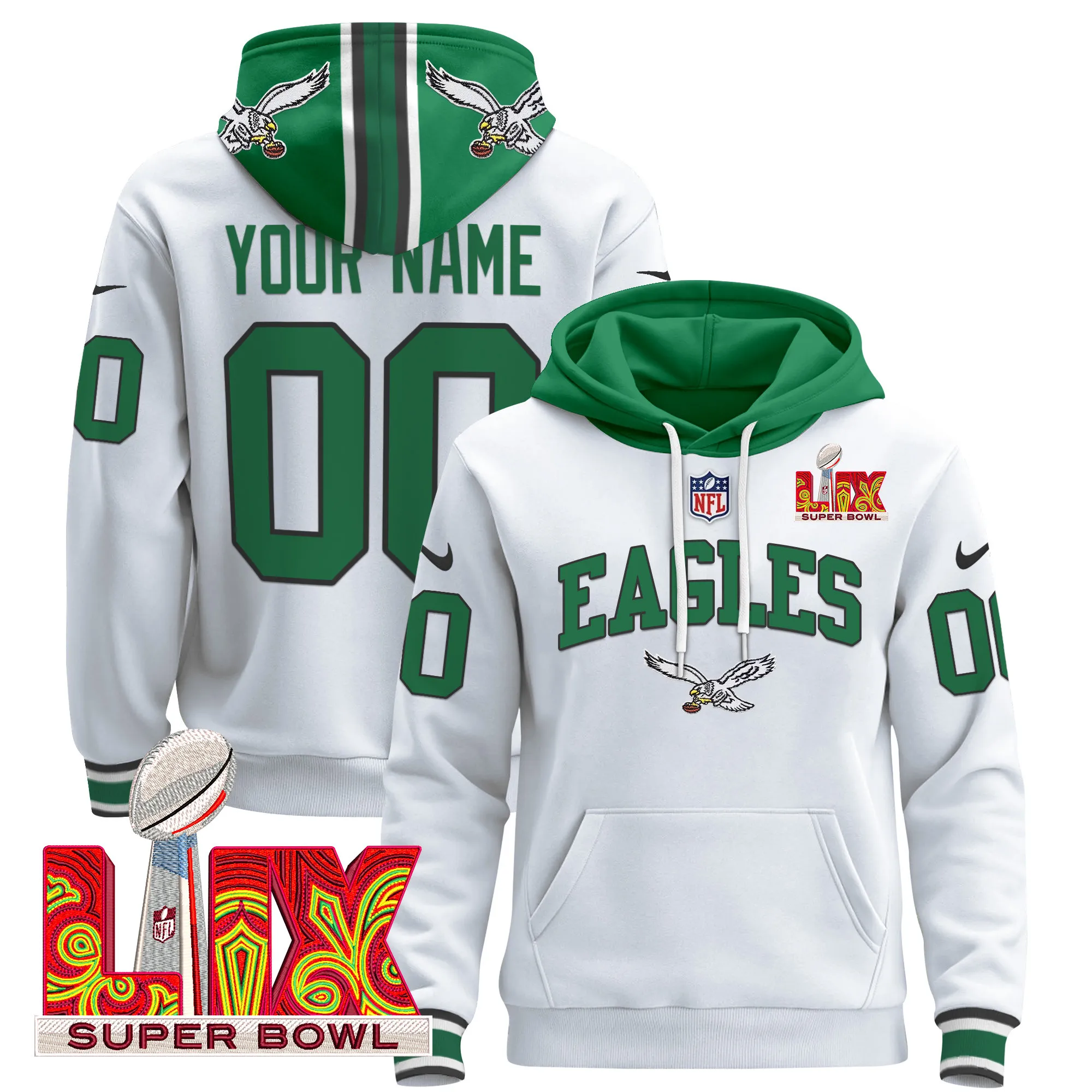 Philadelphia Eagles Super Bowl LIX Patch Custom Pullover Hoodie V2 - All Stitched