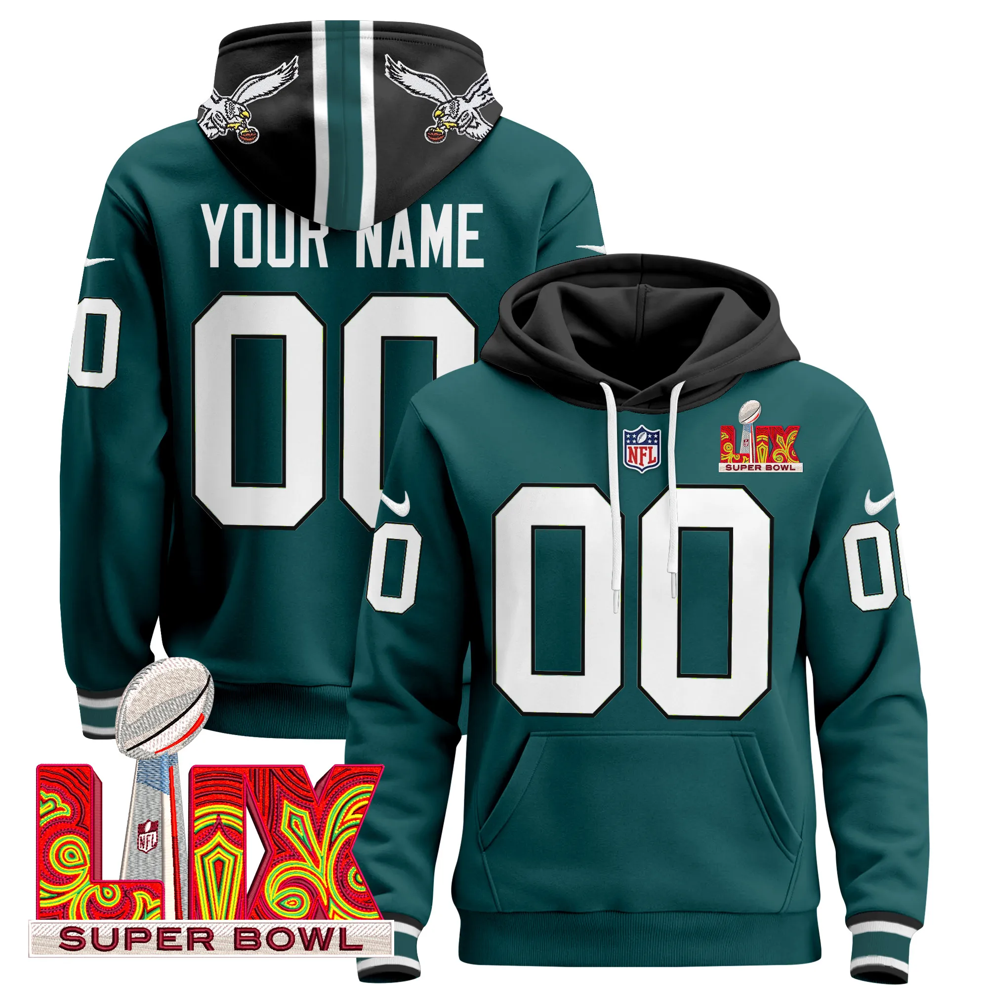 Philadelphia Eagles Super Bowl LIX Patch Custom Pullover Hoodie V3 - All Stitched