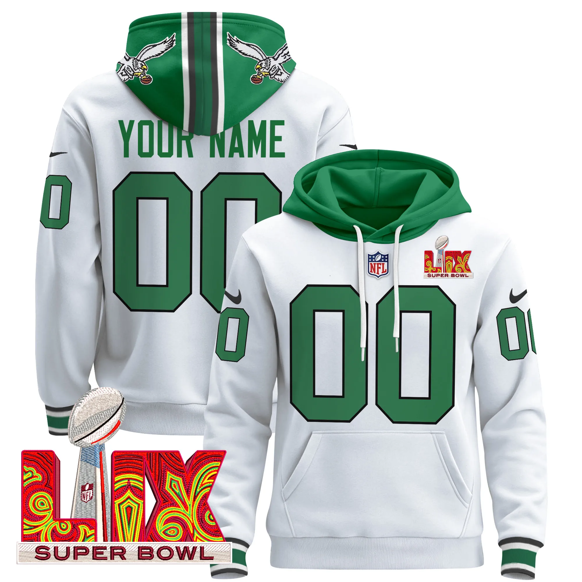 Philadelphia Eagles Super Bowl LIX Patch Custom Pullover Hoodie V4 - All Stitched