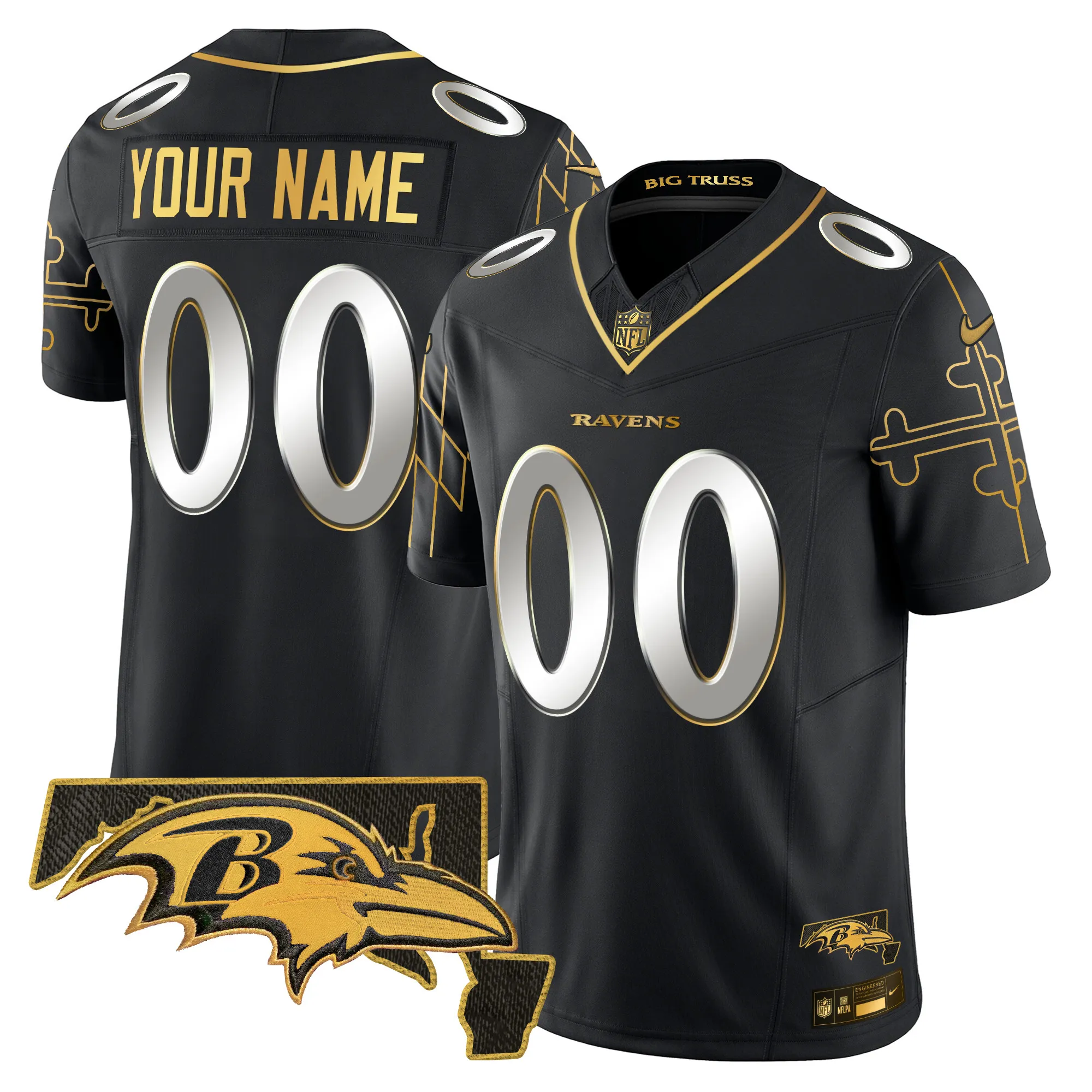 Ravens Maryland Flag Map Patch Gold Vapor Limited Custom Jersey - All Stitched