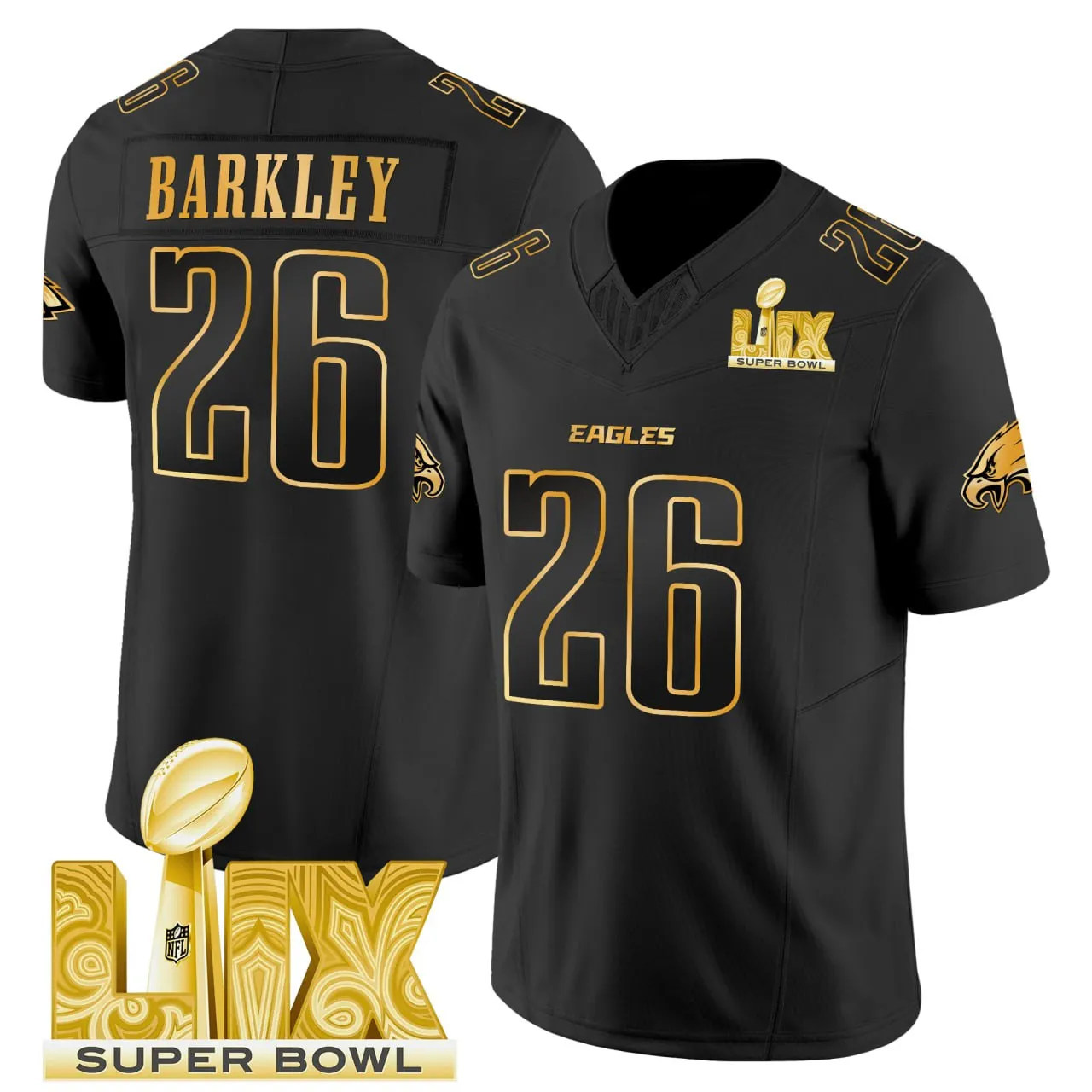 Saquon Barkley Philadelphia Eagles Super Bowl LIX Black Gold Jersey - All Stitched