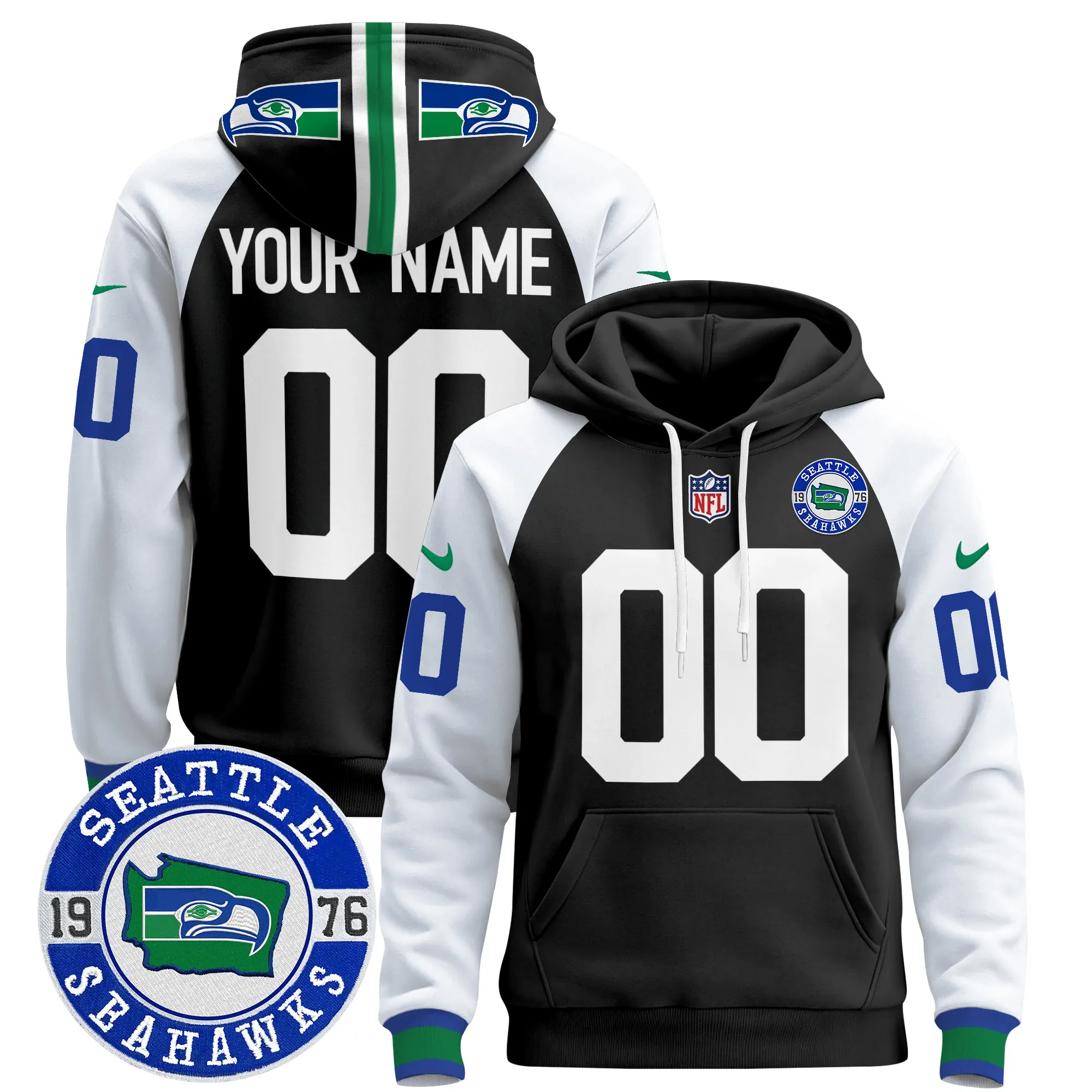 Seahawks Throwback Est. 1976 Patch Custom Pullover Hoodie - All Stitched