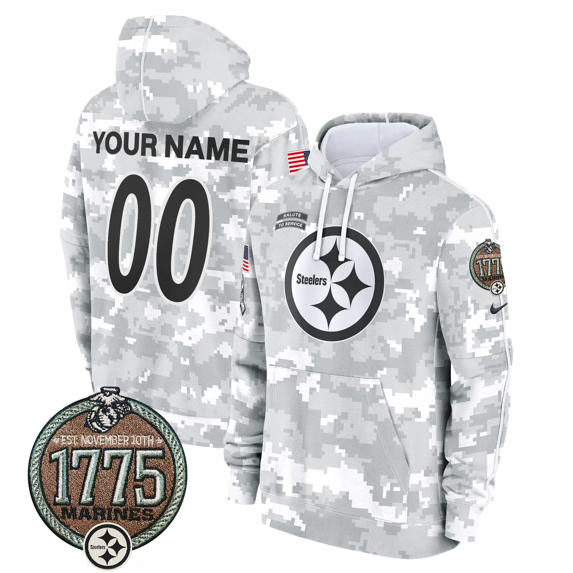 Steelers 2024 Salute to Service Establishment Year Patch Custom Fleece Pullover Hoodie - All Stitched