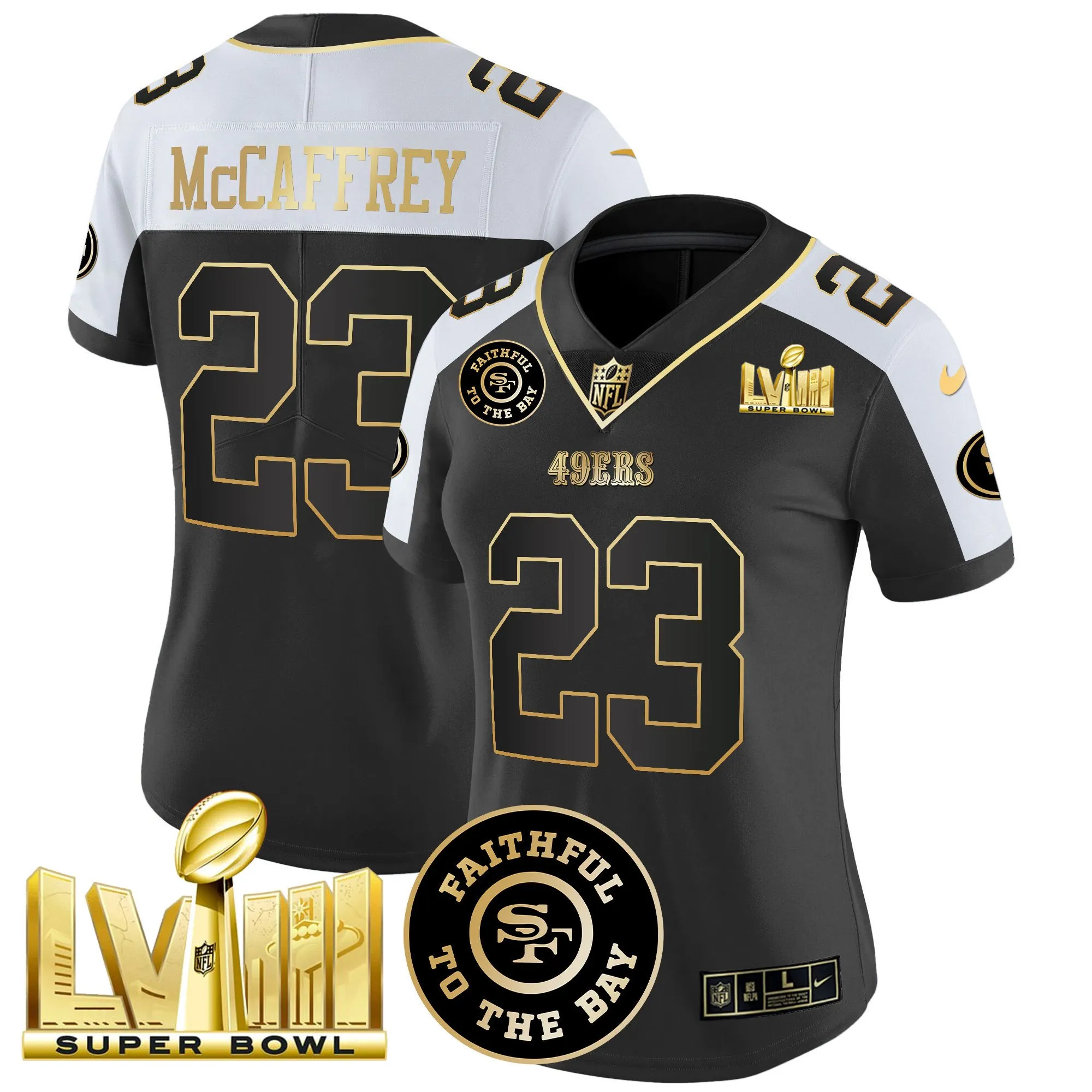 Women's 49ers Faithful & Super Bowl LVIII Gold Patch Vapor Jersey V2 - All Stitched