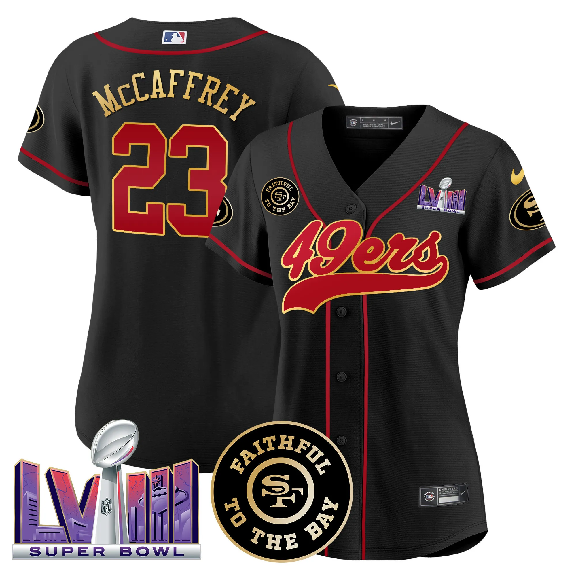 Women's 49ers Faithful & Super Bowl LVIII Patch Baseball Jersey - All Stitched