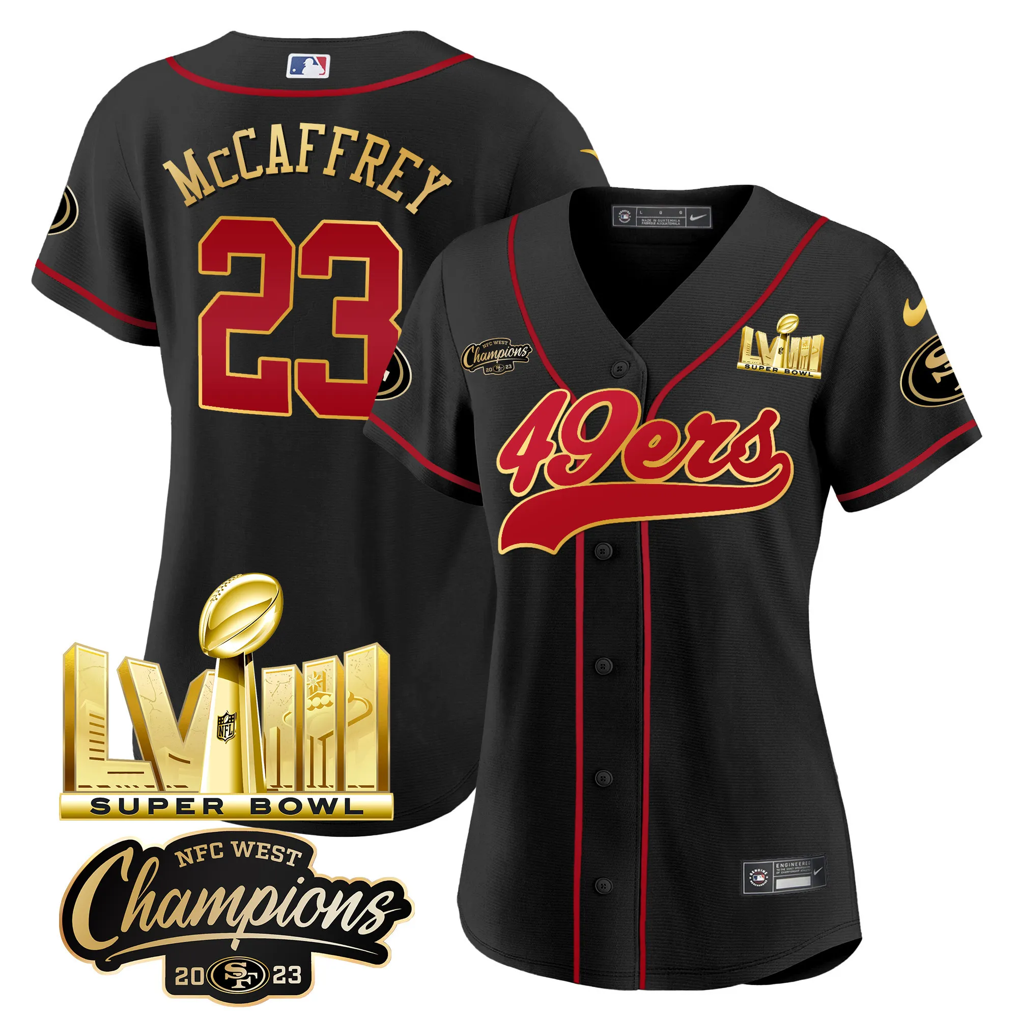 Women's 49ers NFC West Champions & Super Bowl LVIII Gold Patch Baseball Jersey - All Stitched