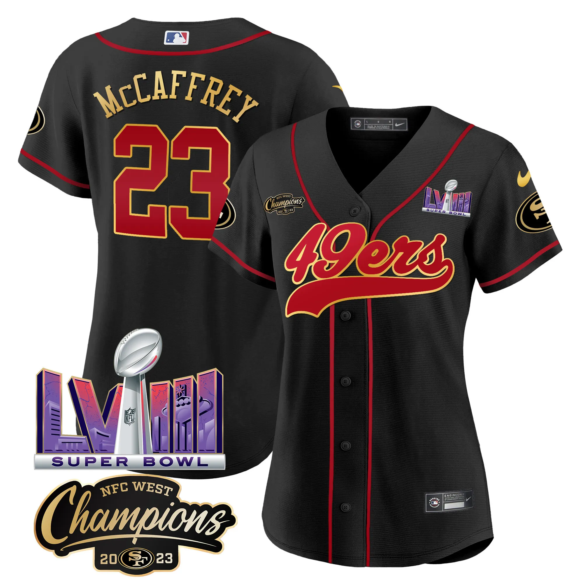 Women's 49ers NFC West Champions & Super Bowl LVIII Patch Baseball Jersey - All Stitched