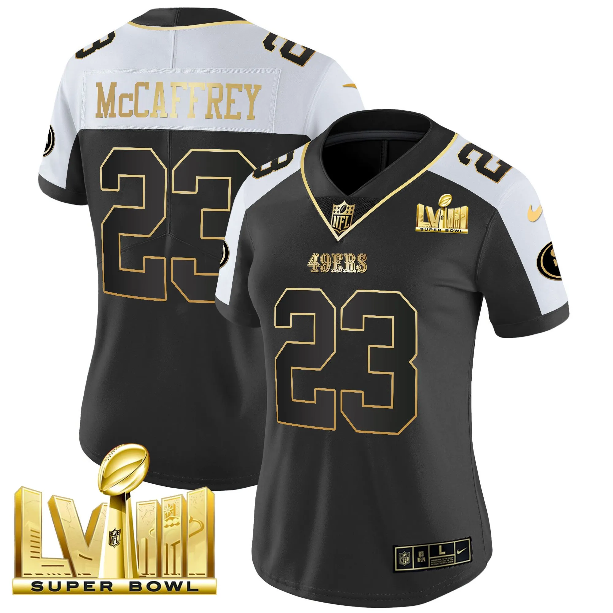 Women's 49ers Super Bowl LVIII Gold Patch Vapor Jersey V2 - All Stitched