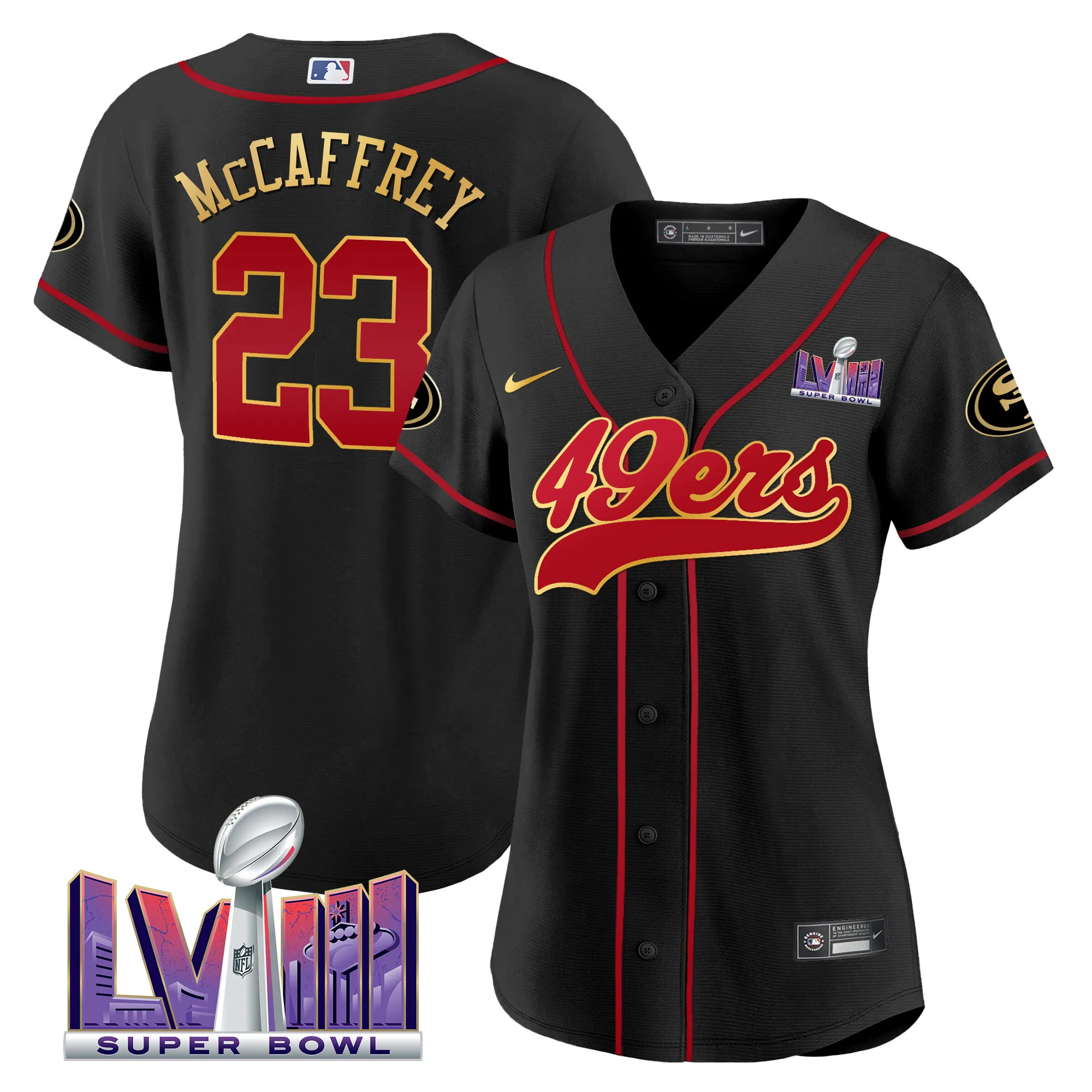 Women's 49ers Super Bowl LVIII Patch Baseball Jersey - All Stitched