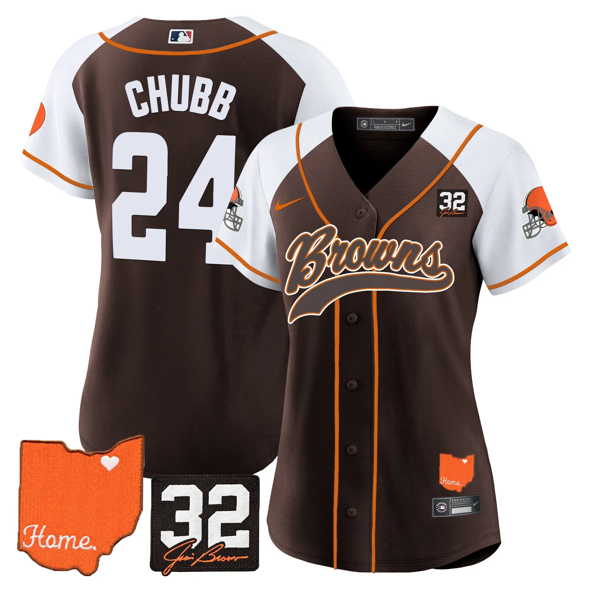 Women's Browns #32 Jim Brown Memorial & Home Patch Baseball Jersey - All Stitched
