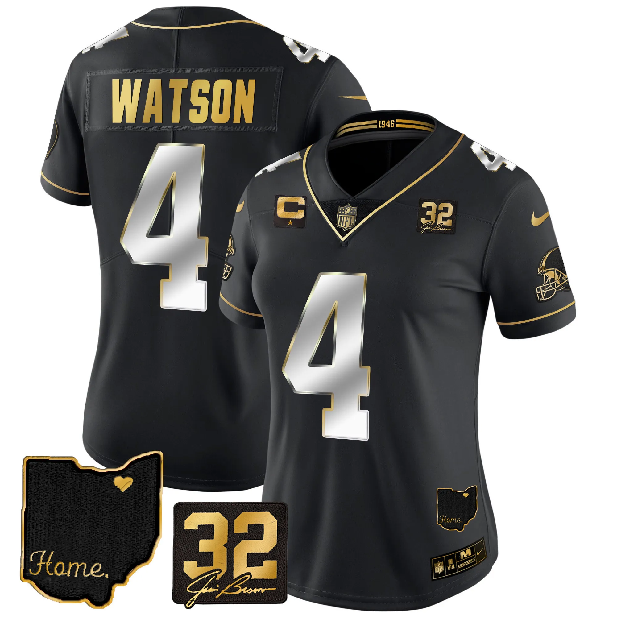 Women's Browns #32 Jim Brown Memorial & Home Patch Gold Jersey - All Stitched