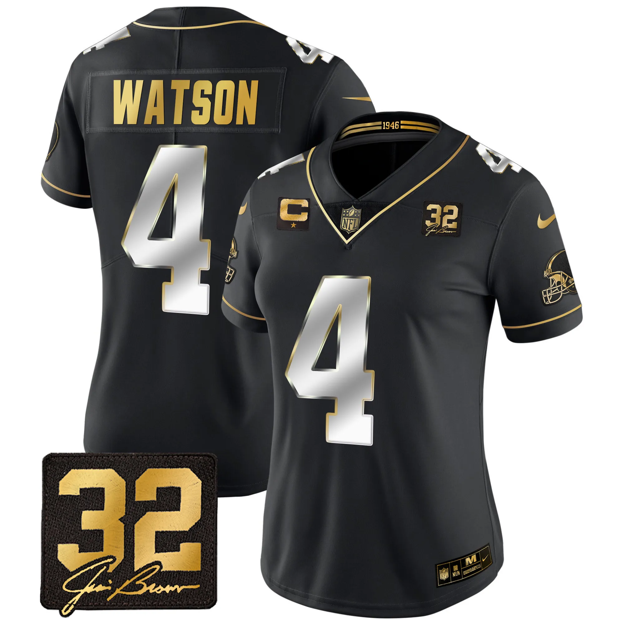 Women's Browns #32 Jim Brown Memorial Patch Gold Jersey - All Stitched