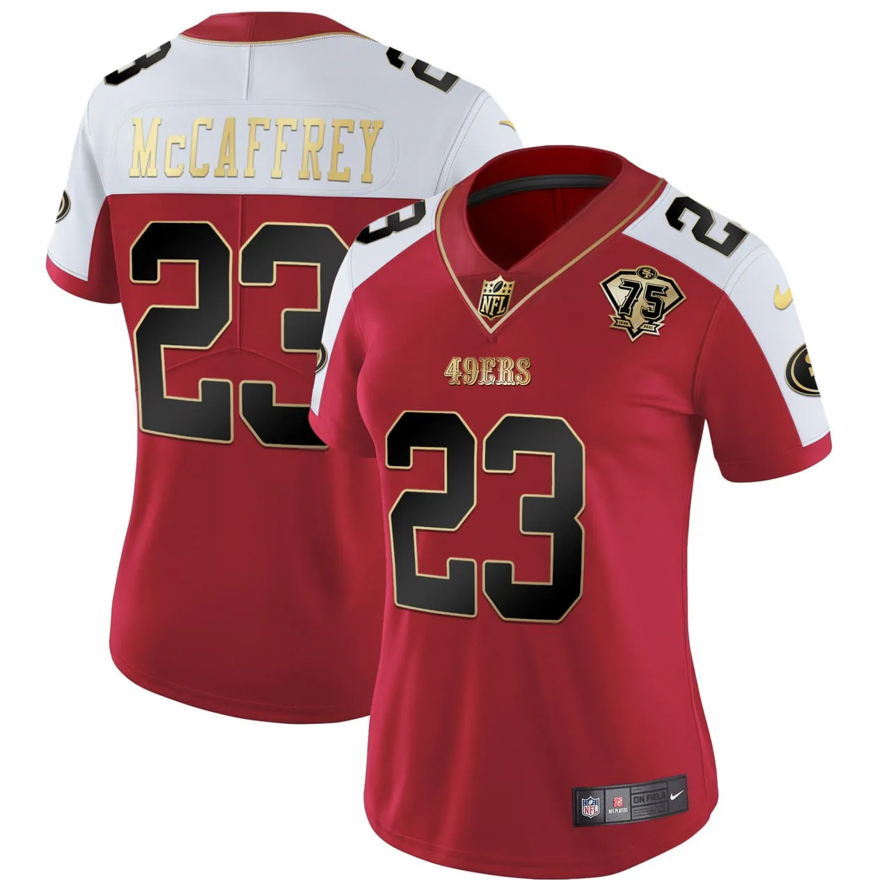 Women's Christian McCaffrey 49ers 75th Anniversary Patch Alternate Vapor Red Gold Limited - All Stitched