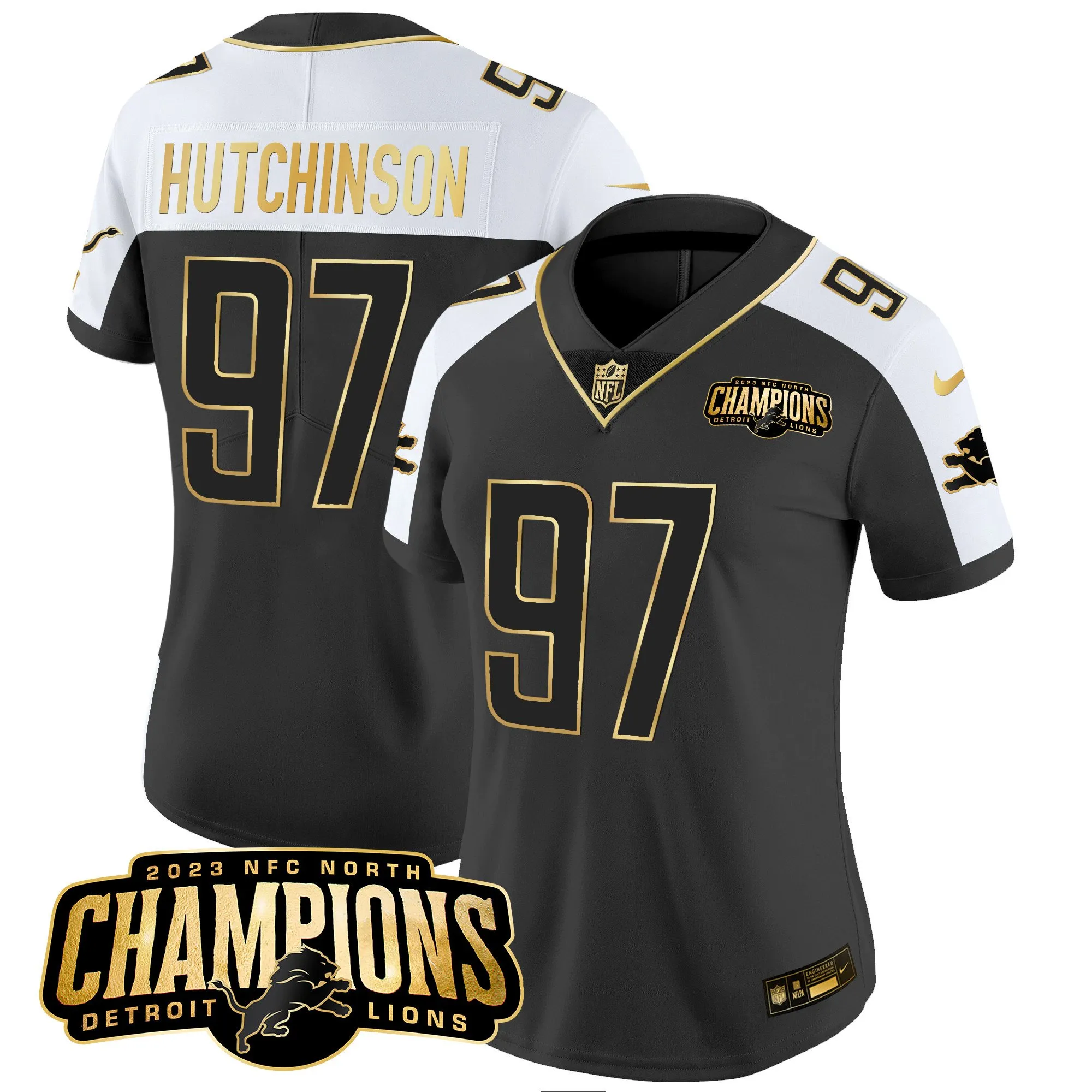 Women's Detroit Lions 2023 NFC North Champions Patch Gold Vapor Jersey - All Stitched