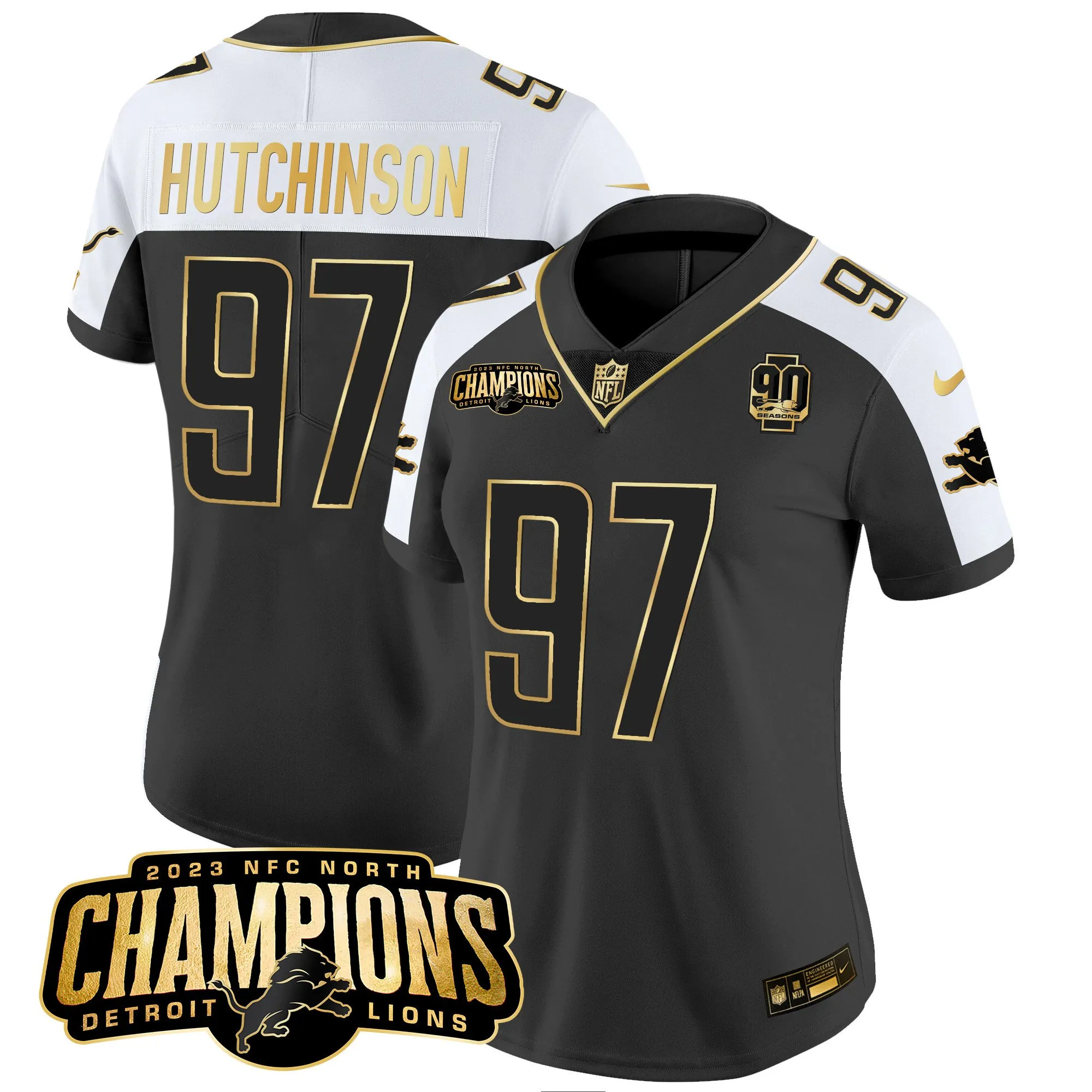 Women's Detroit Lions 2023 NFC North Champions Patch Gold Vapor Jersey V2 - All Stitched