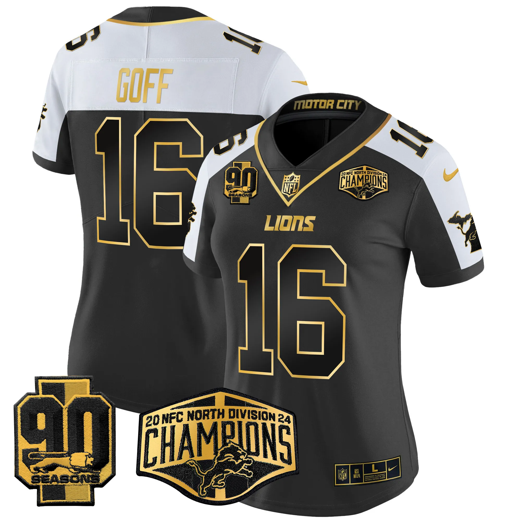 Women's Detroit Lions 2024 NFC North Division Champions Patch Gold Vapor Limited Jersey - All Stitched