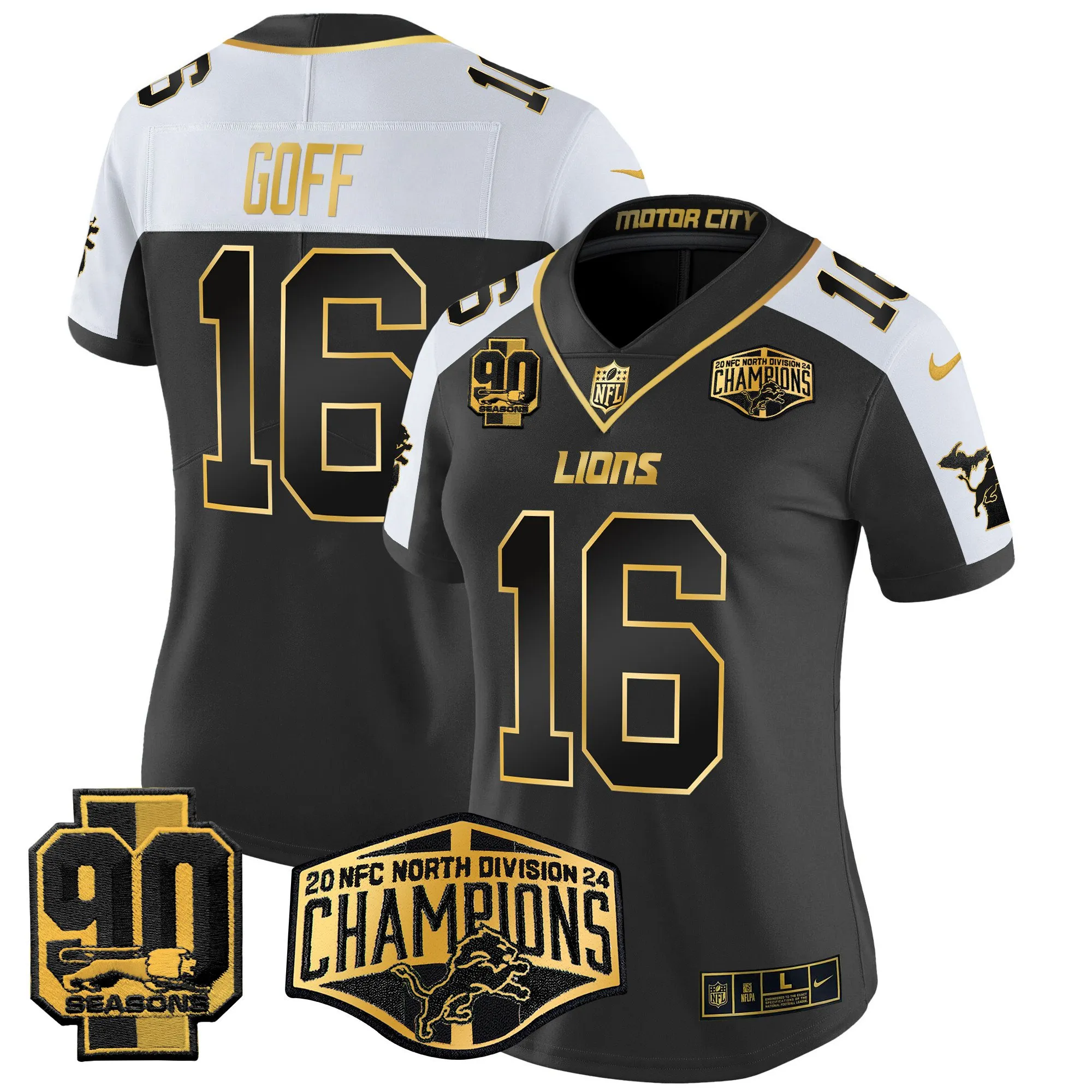 Women's Detroit Lions 2024 NFC North Division Champions Patch Gold Vapor Limited Jersey - All Stitched