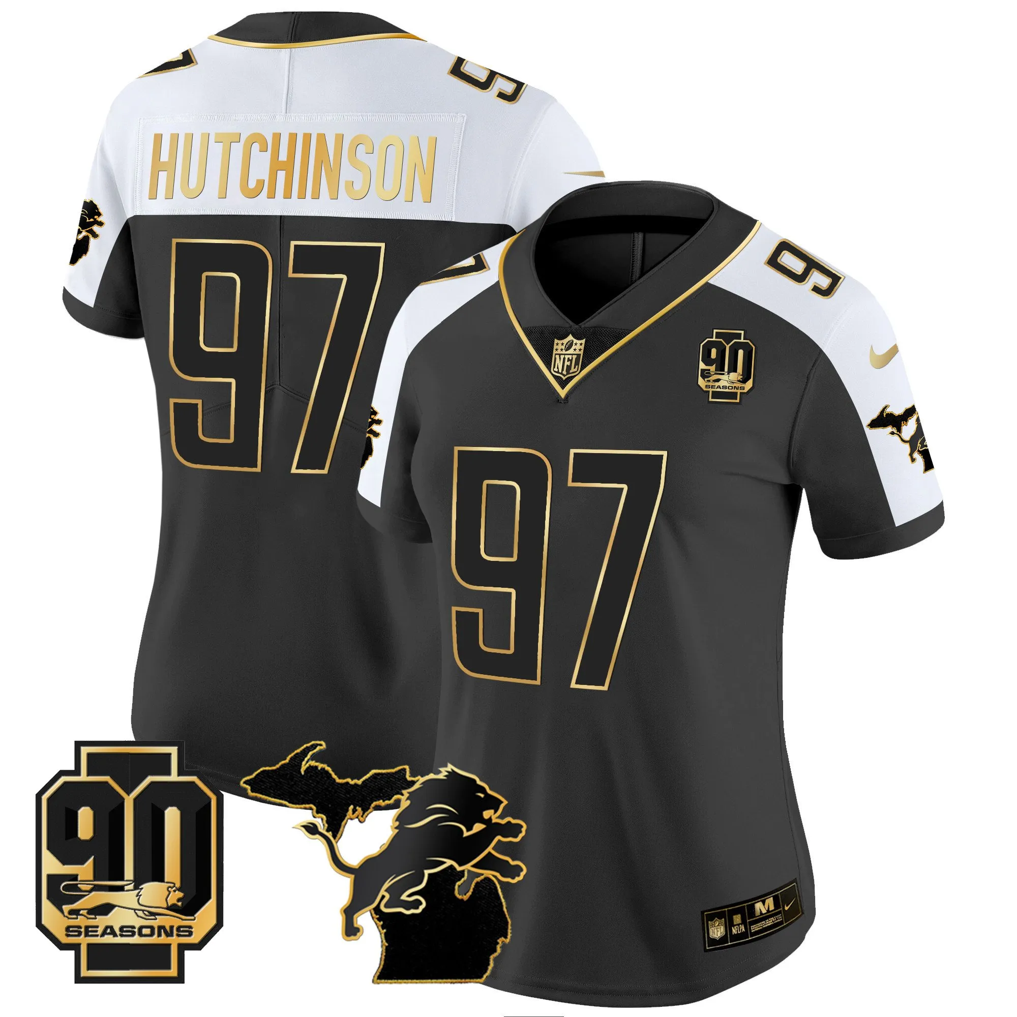 Women's Detroit Lions 90th Year & Michigan Patch Gold Vapor Jersey - All Stitched