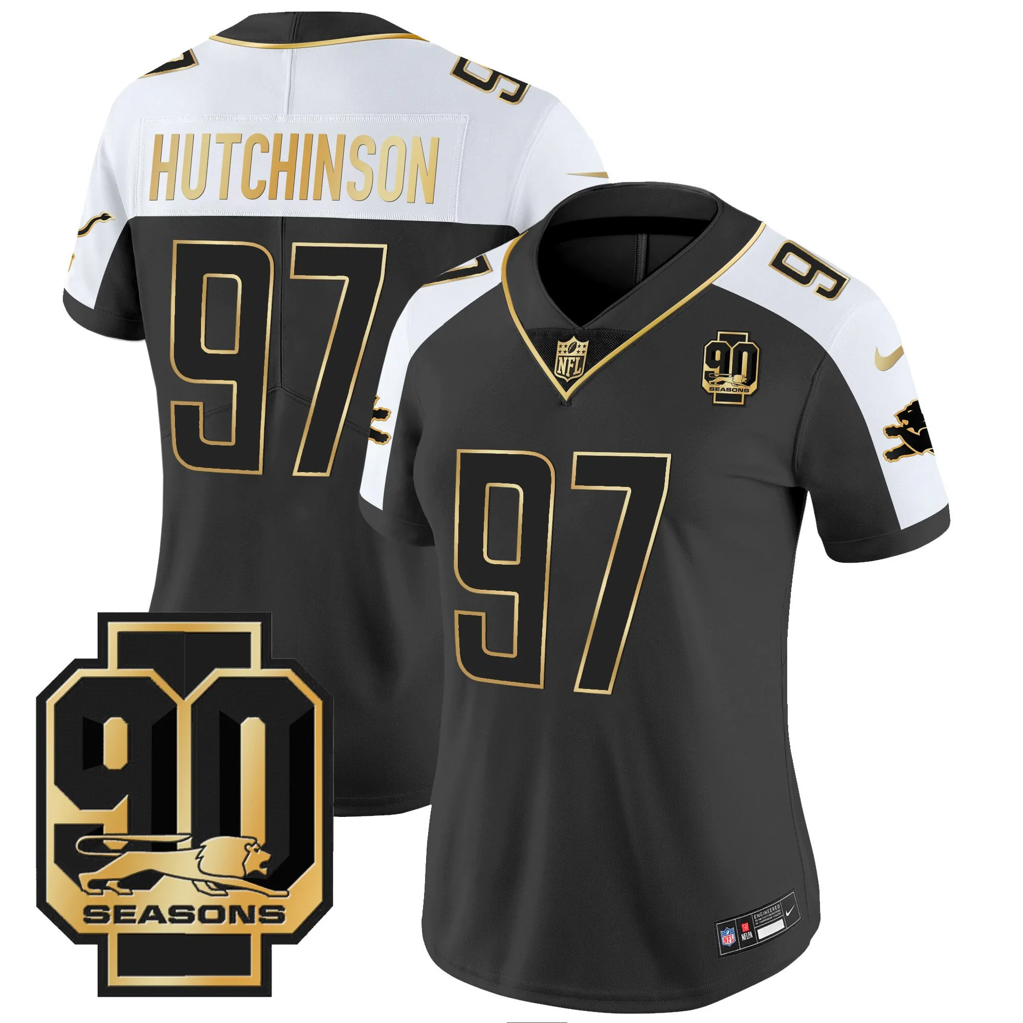Women's Detroit Lions 90th Year Patch Gold Jersey - All Stitched