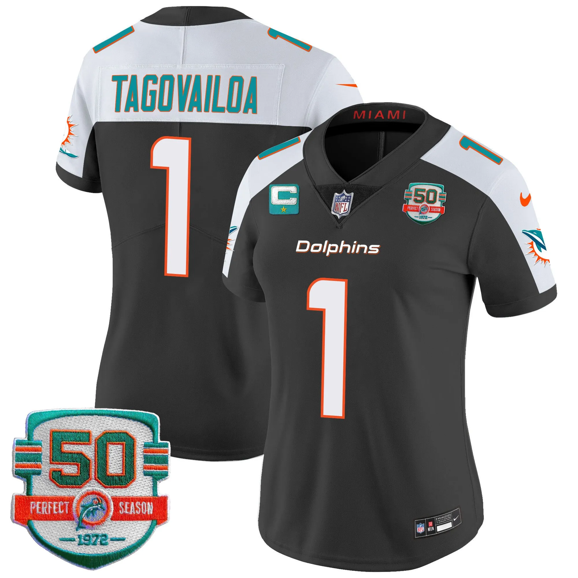 Women's Dolphins 50th 1972 Perfect Season Patch Vapor Jersey - All Stitched