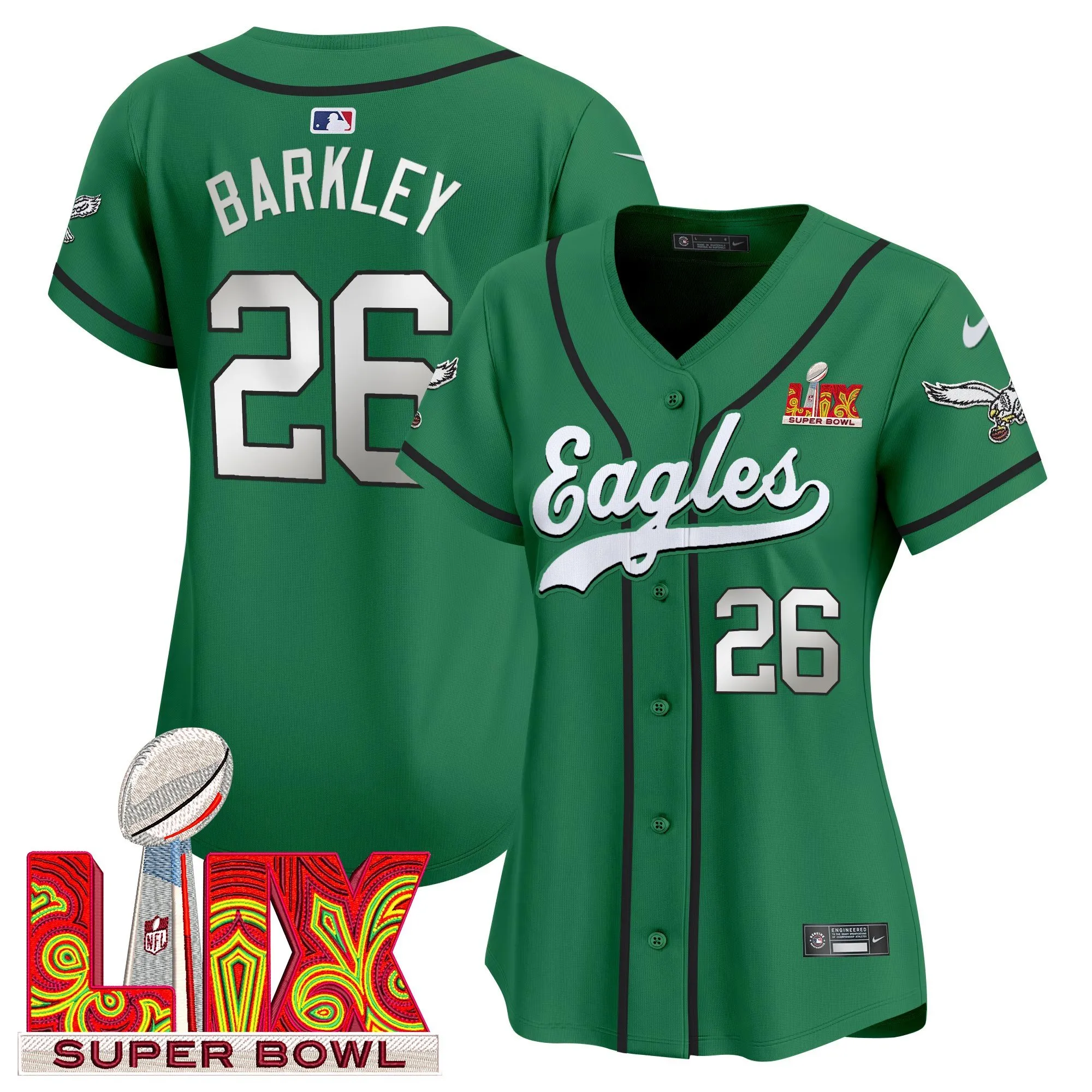 Women's Eagles Super Bowl LIX Patch Kelly Green Vapor Baseball Jersey - All Stitched