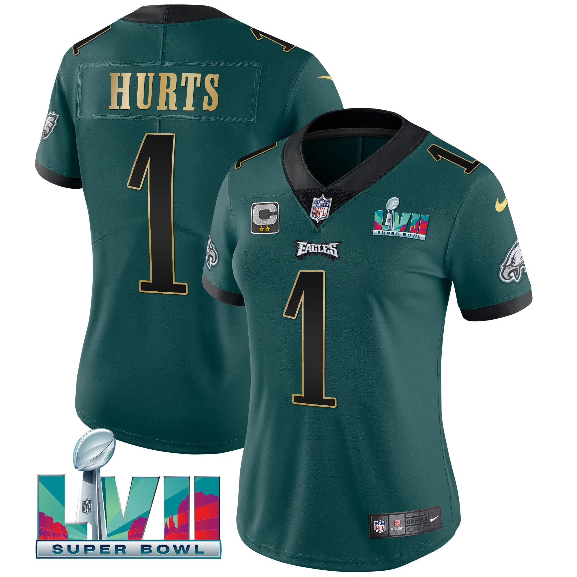 Women's Eagles Super Bowl LVII Gold Trim Jersey - All Stitched