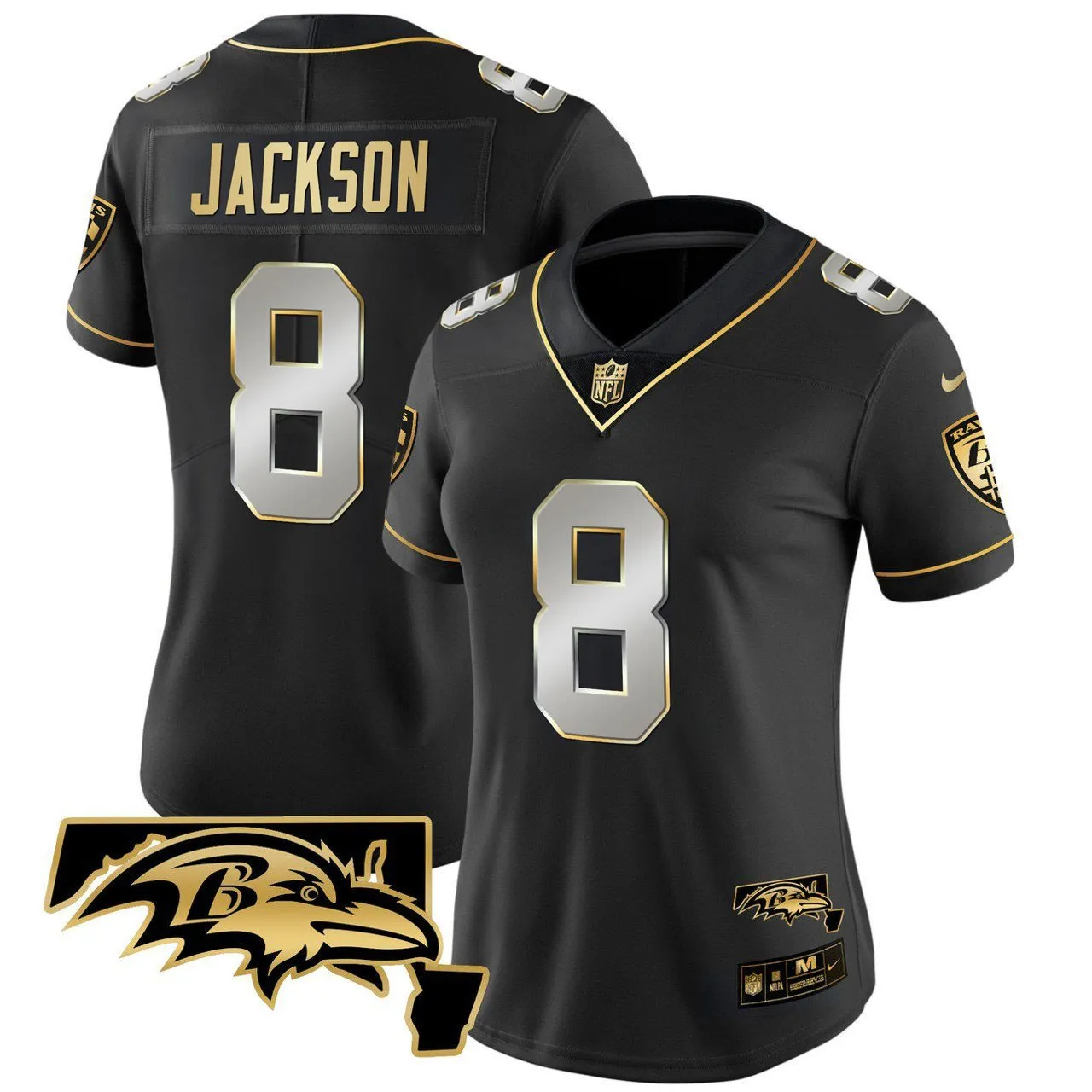 Women's Lamar Jackson Ravens Maryland Patch Vapor Limited Jersey - All Stitched - Black Gold