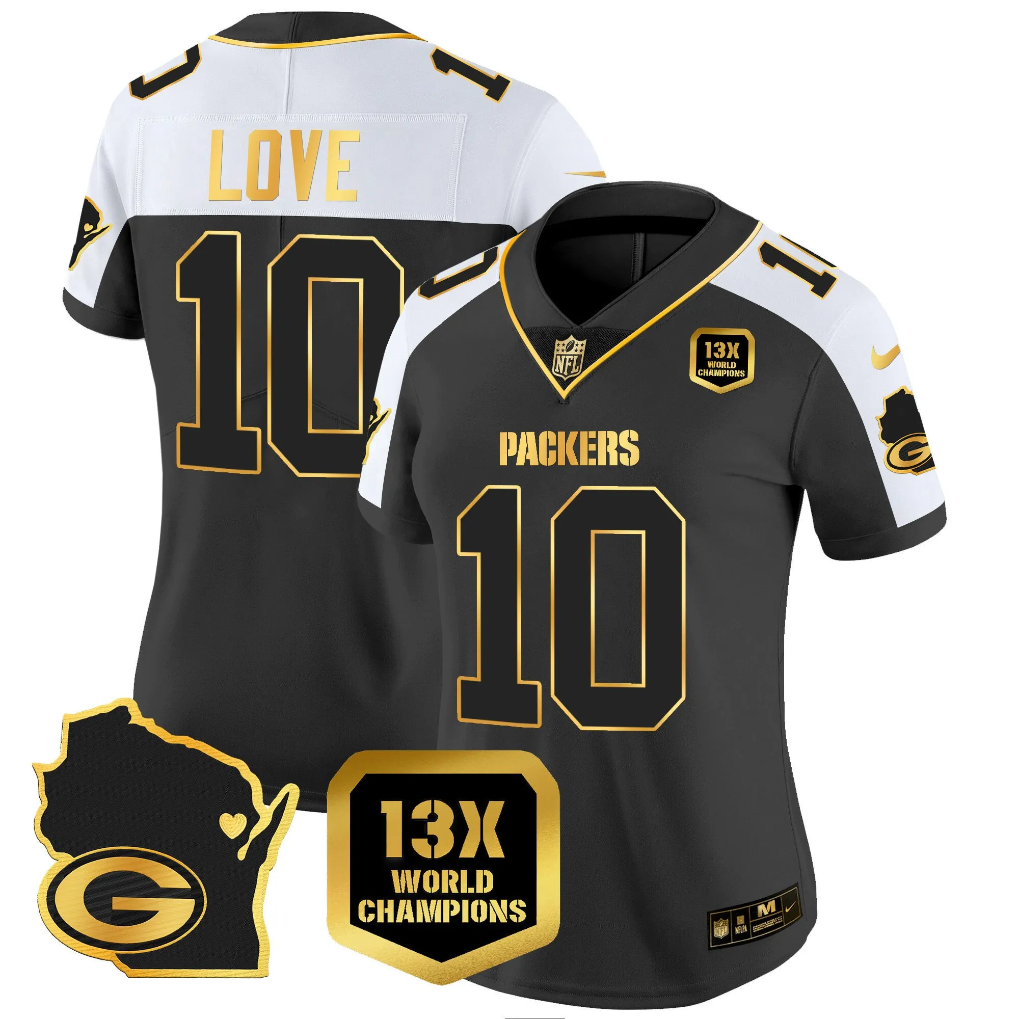 Women's Packers 13 Time World Champions & Home Patch Gold Vapor Jersey V2 – All Stitched