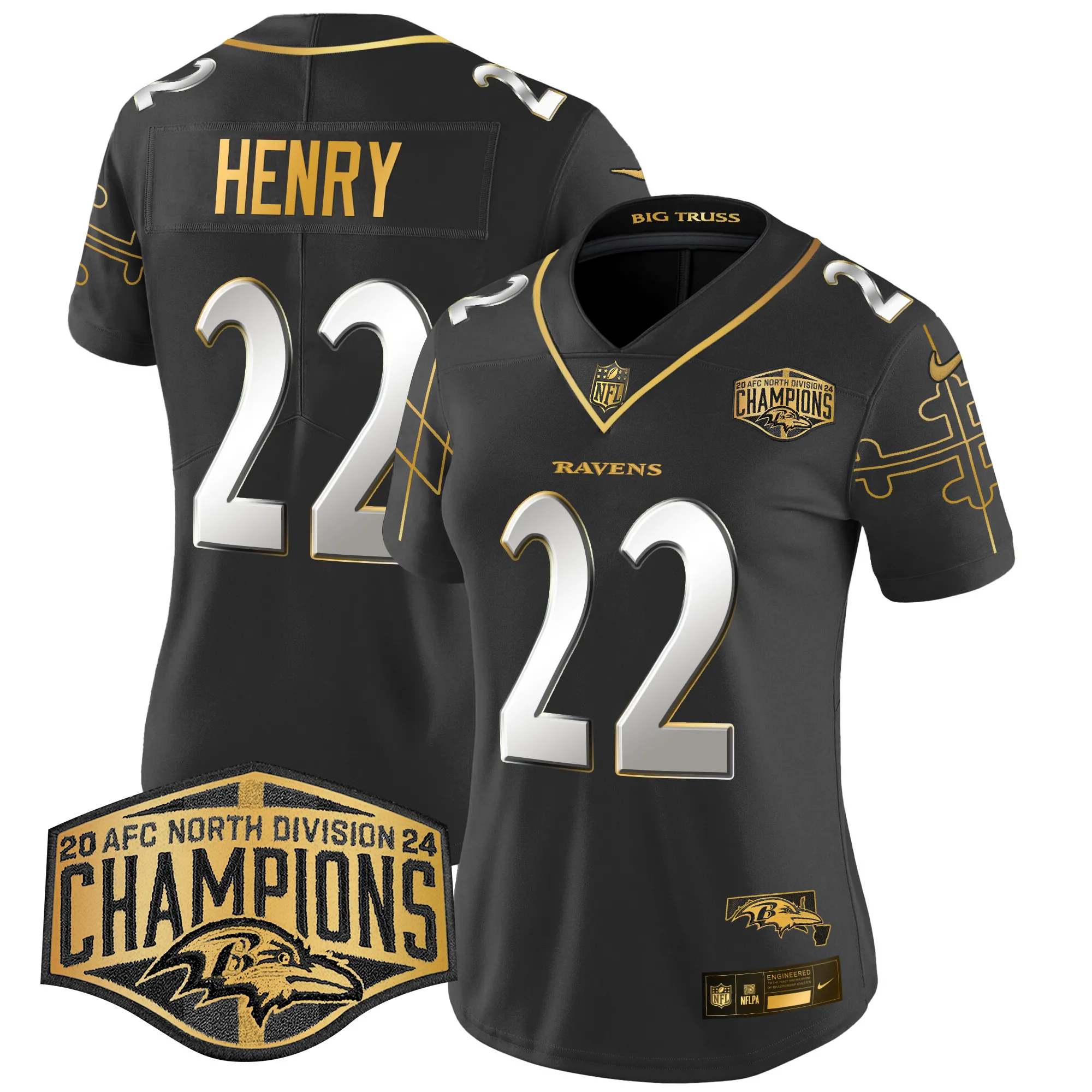 Women's Ravens Maryland Flag Map 2024 AFC North Division Champions Patch Gold Vapor Limited Jersey - All Stitched