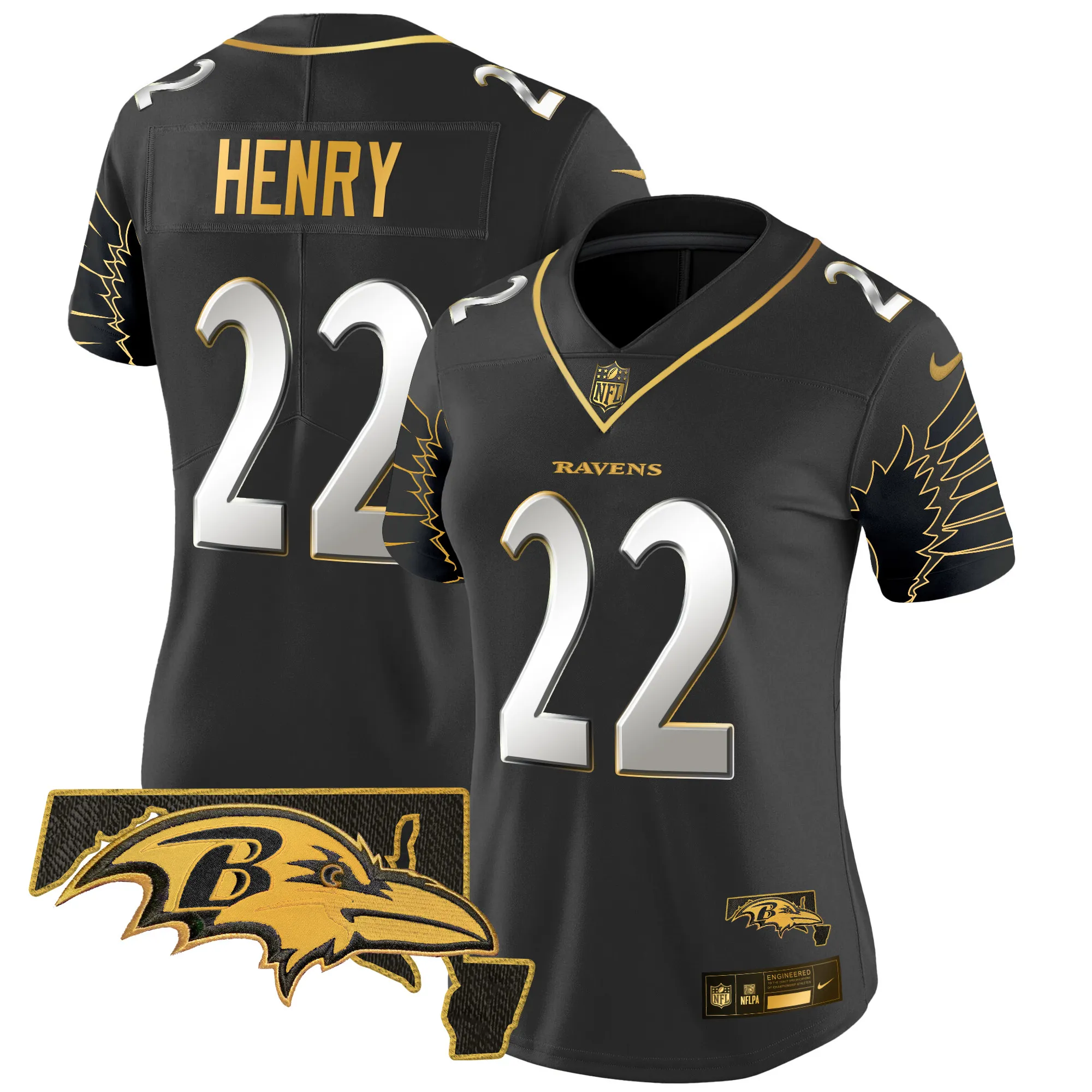 Women's Ravens Maryland Patch Gold Vapor Limited Jersey V2 - All Stitched