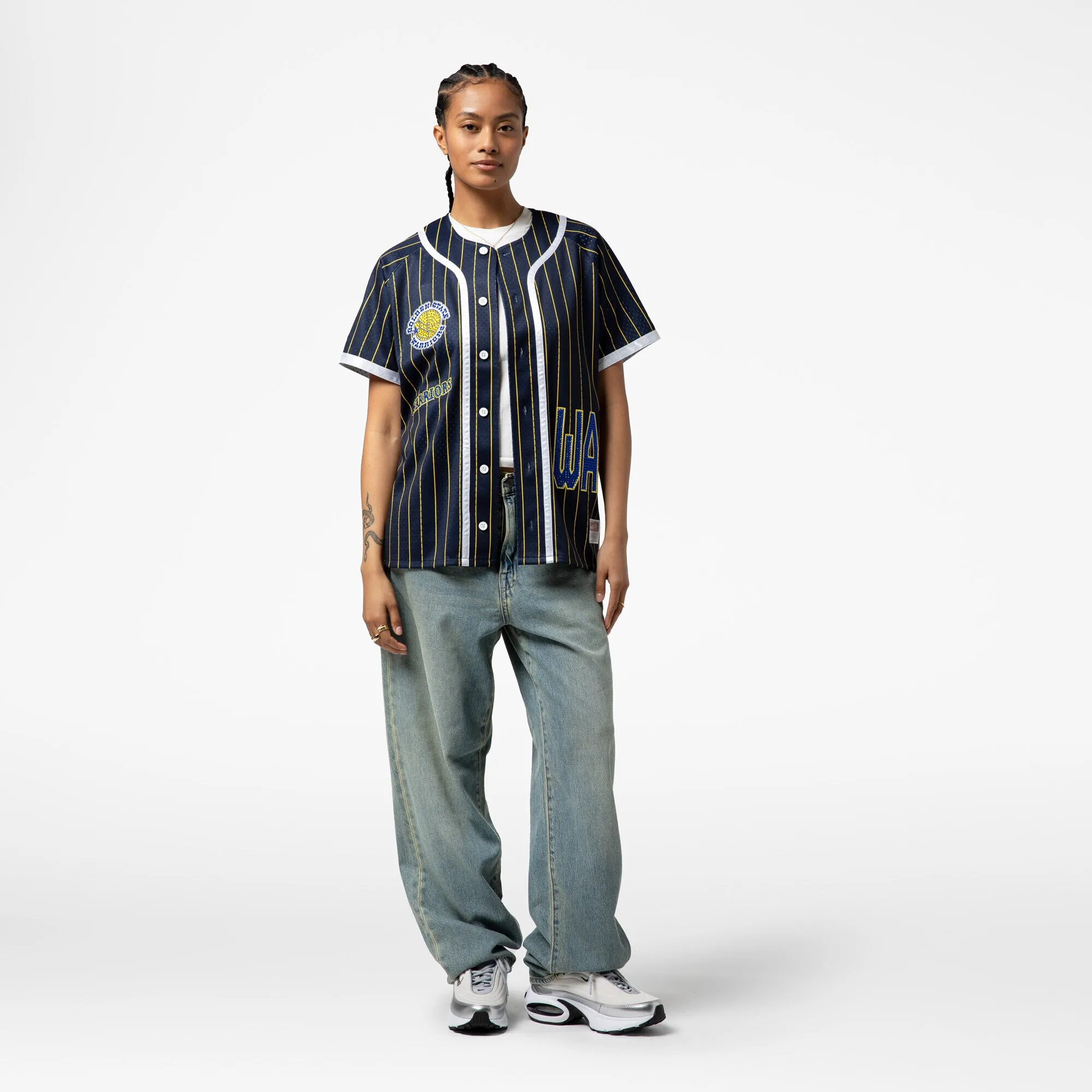 Golden State Warriors Mitchell & Ness x DANNIJO Women's Fashion Baseball Jersey - Blue