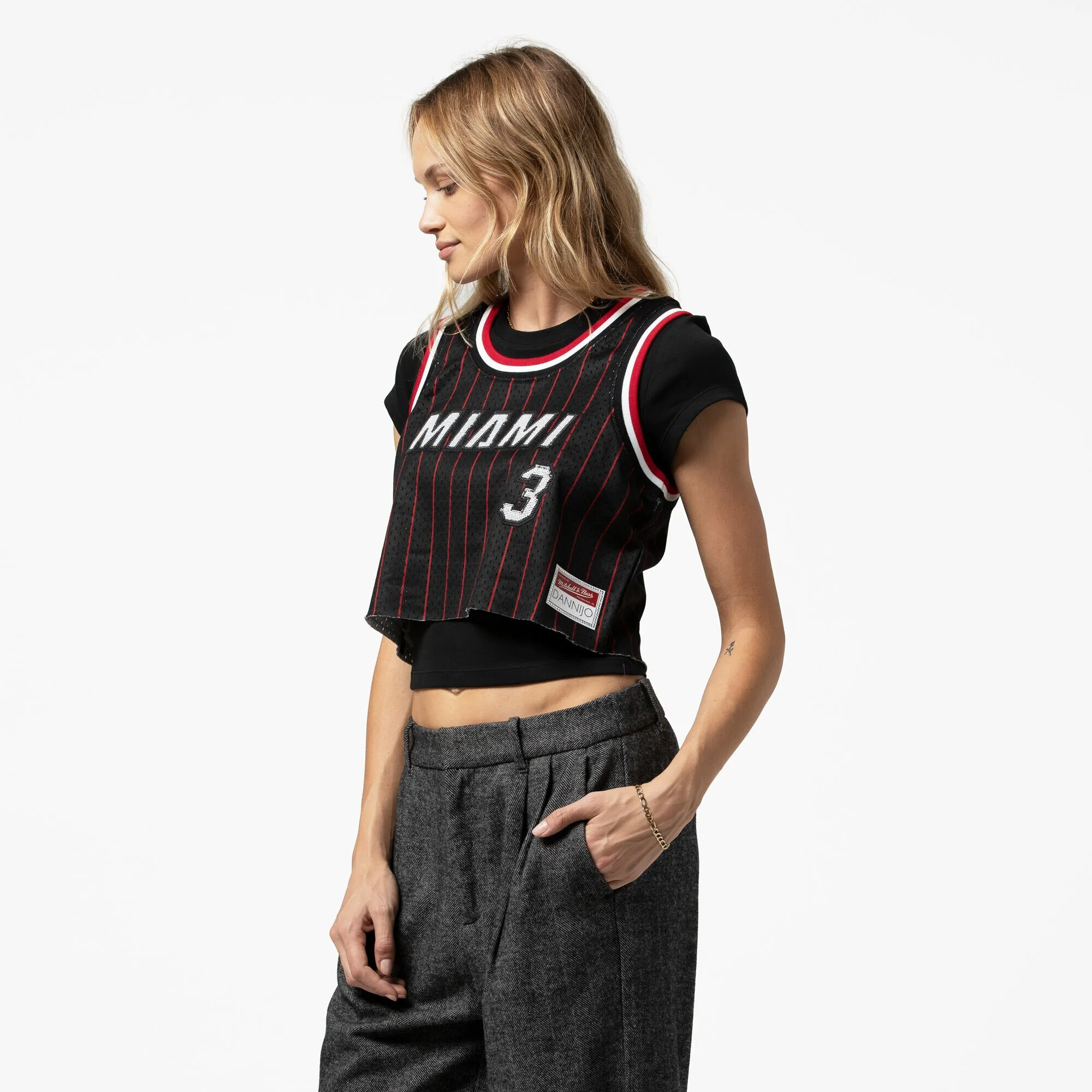 Dwyane Wade Miami Heat Mitchell & Ness x DANNIJO Women's Fashion Cropped Basketball Jersey - Black