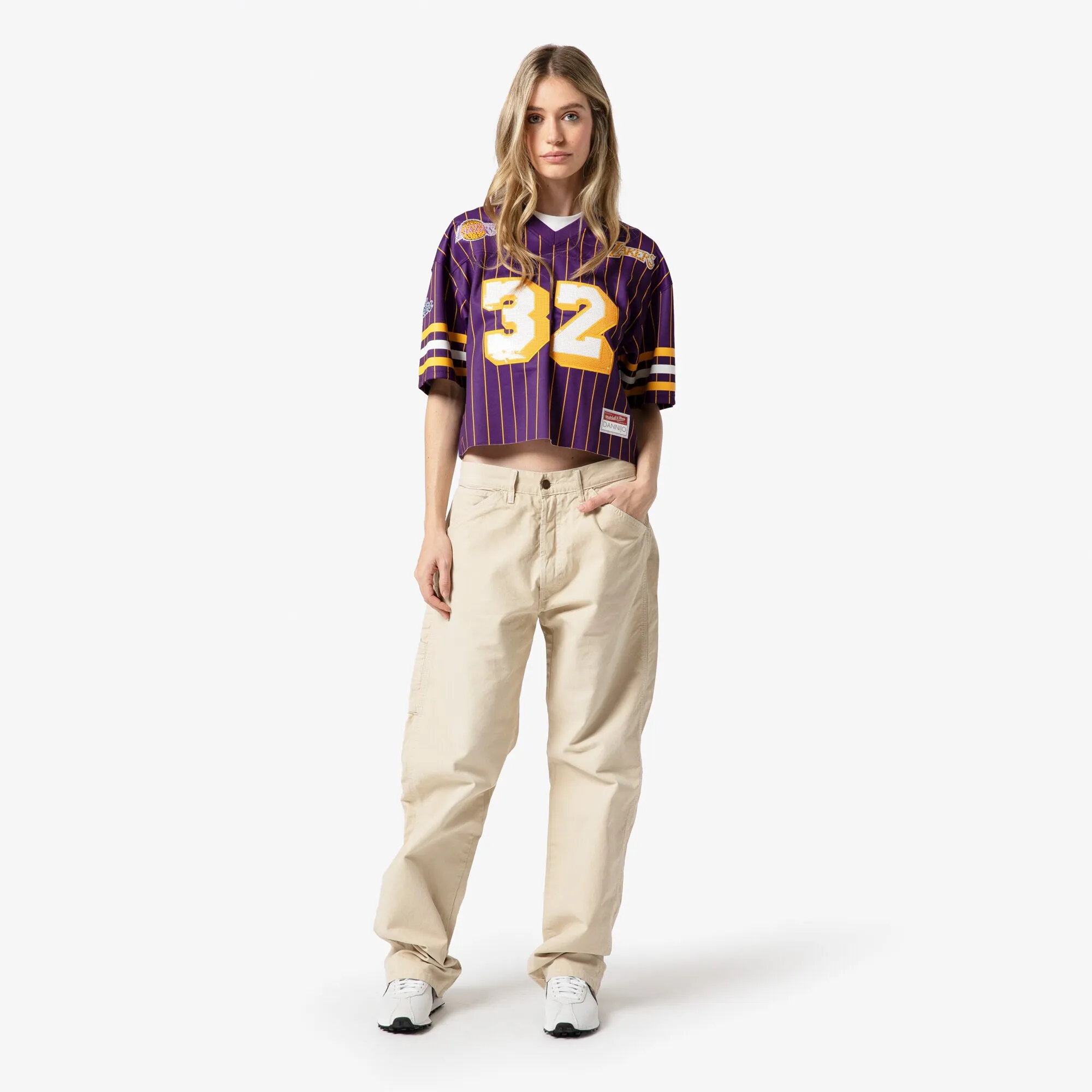 Magic Johnson Los Angeles Lakers Mitchell & Ness x DANNIJO Women's Cropped Football Fashion Jersey - Purple