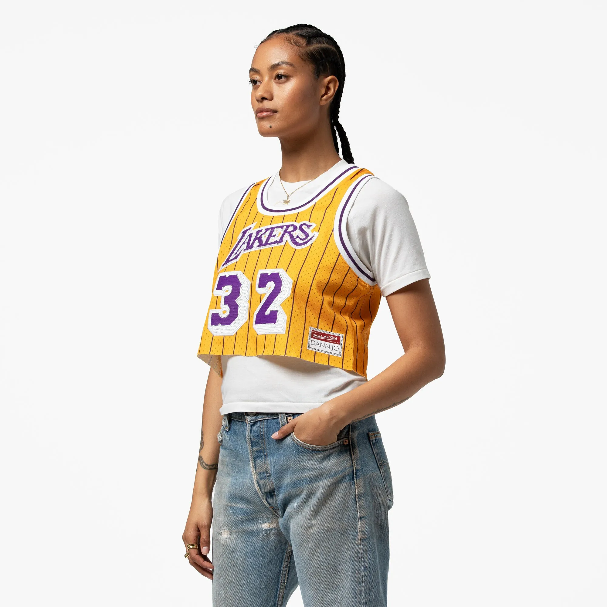 Magic Johnson Los Angeles Lakers Mitchell & Ness x DANNIJO Women's Fashion Cropped Basketball Jersey - Yellow