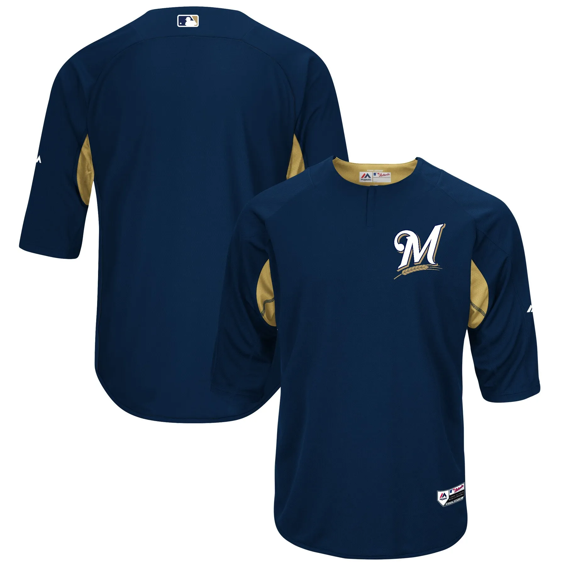 Milwaukee Brewers Majestic Authentic Collection On-Field 3-4-Sleeve Batting Practice Jersey - Navy-Gold