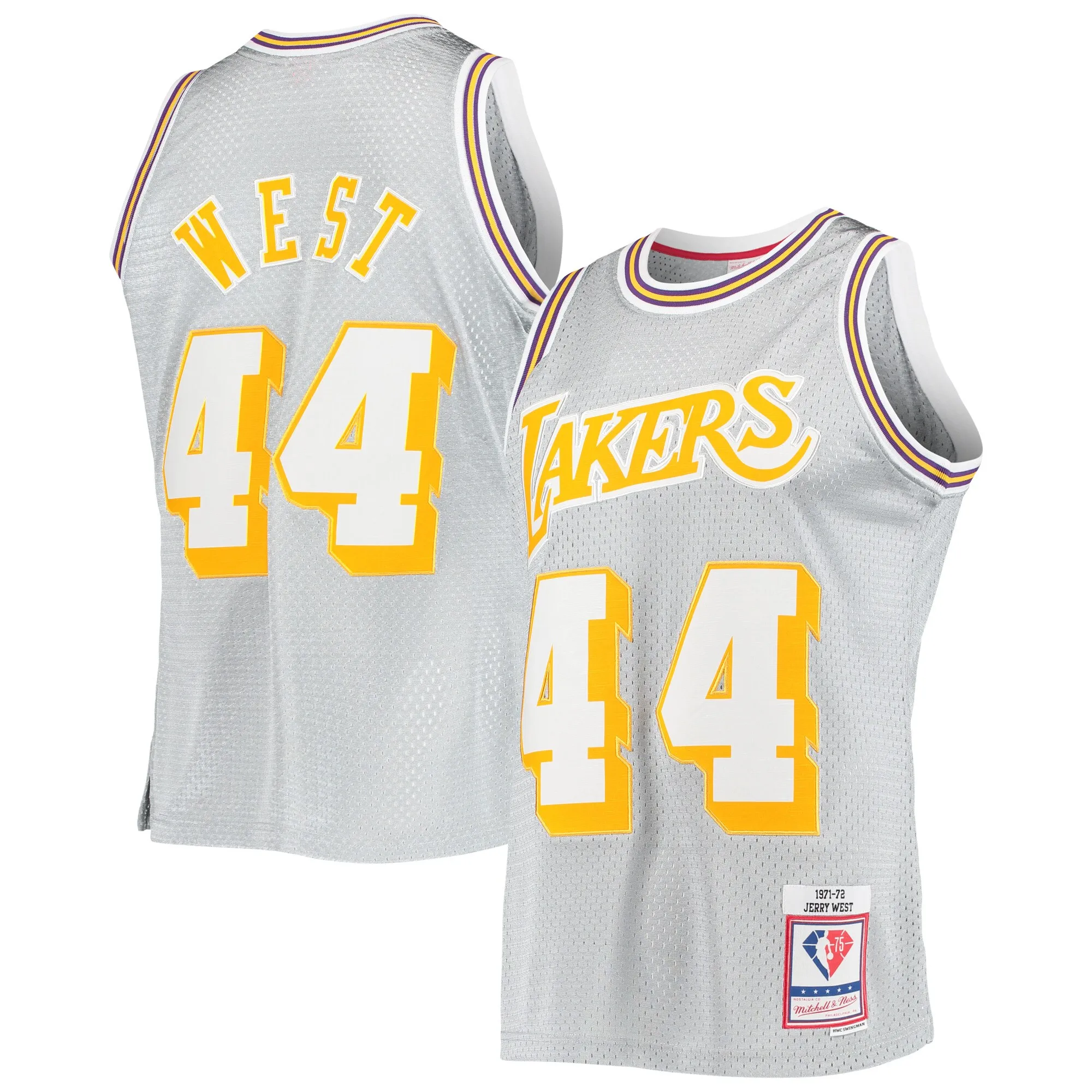 Jerry West Los Angeles Lakers Mitchell & Ness 75th Anniversary 1971-72 Hardwood Classics Swingman Jersey - Silver