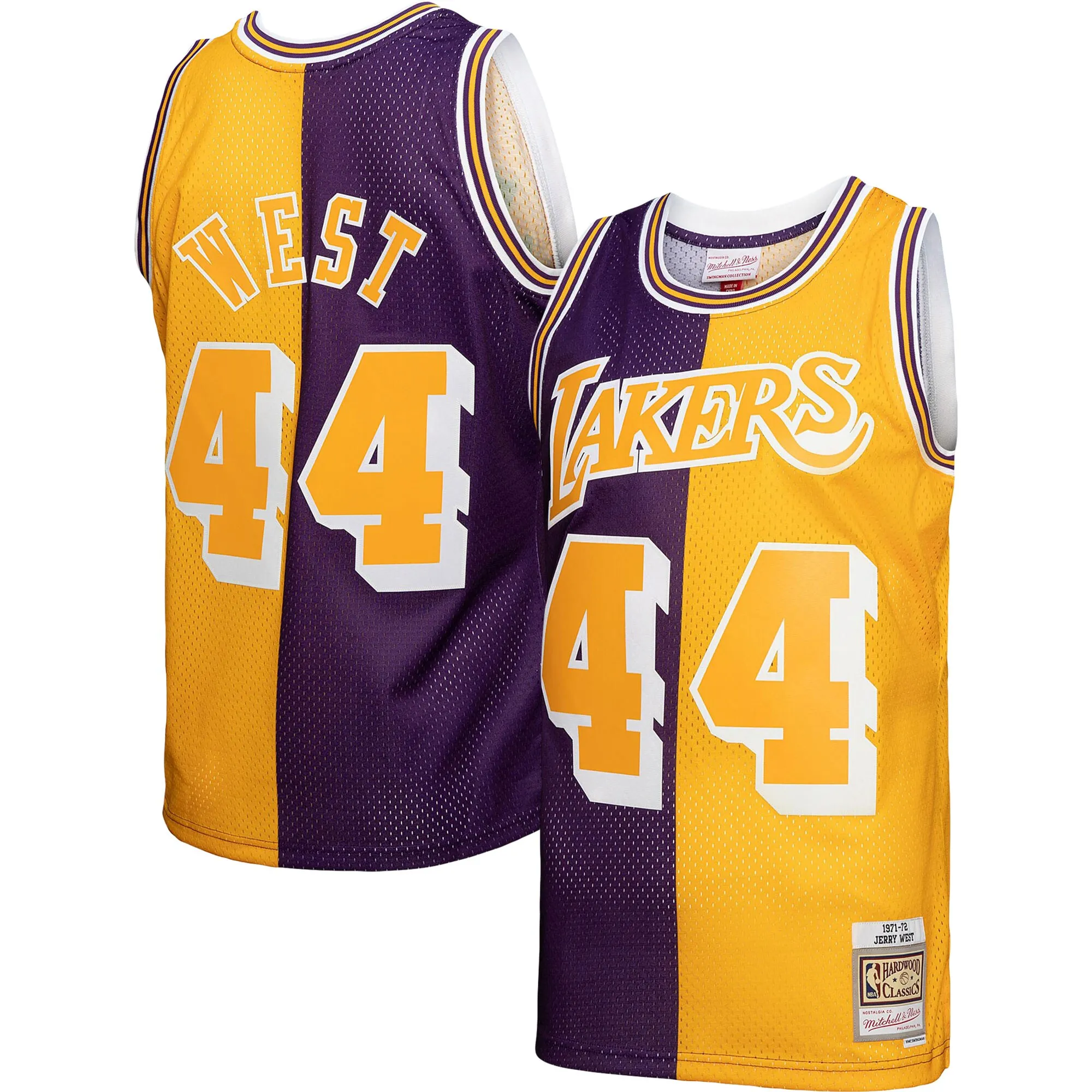 Jerry West Los Angeles Lakers Mitchell & Ness Hardwood Classics 1971-72 Split Swingman Jersey - Purple-Gold