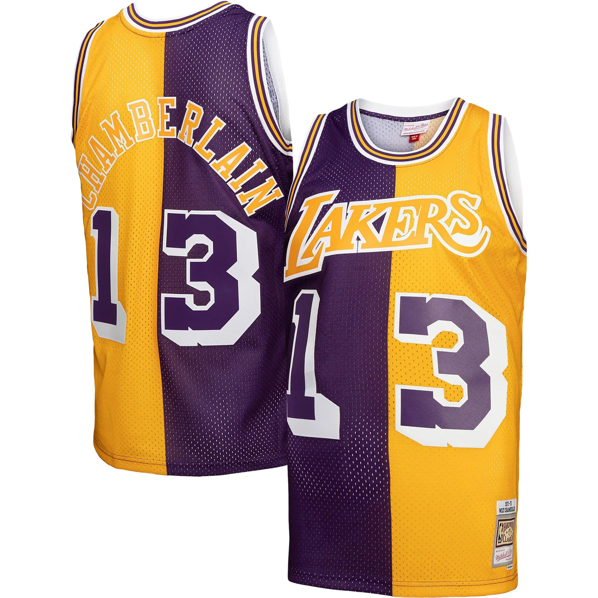 Wilt Chamberlain Los Angeles Lakers Mitchell & Ness Hardwood Classics 1971-72 Split Swingman Jersey - Purple-Gold