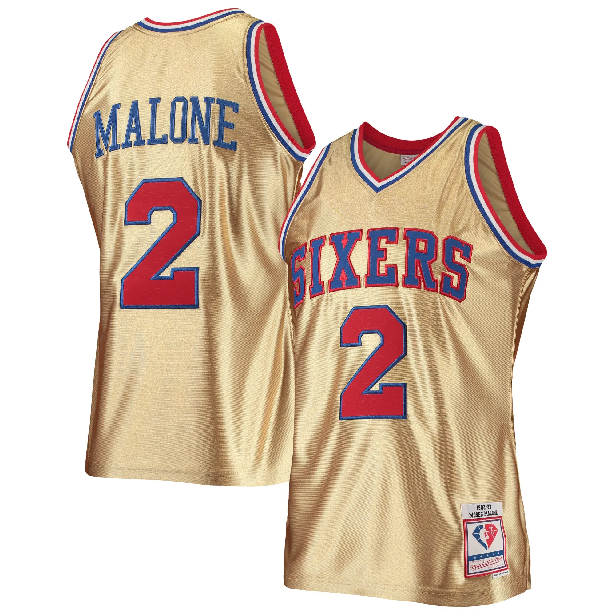 Moses Malone Philadelphia 76ers Mitchell & Ness 75th Anniversary 1982-83 Hardwood Classics Swingman Jersey - Gold