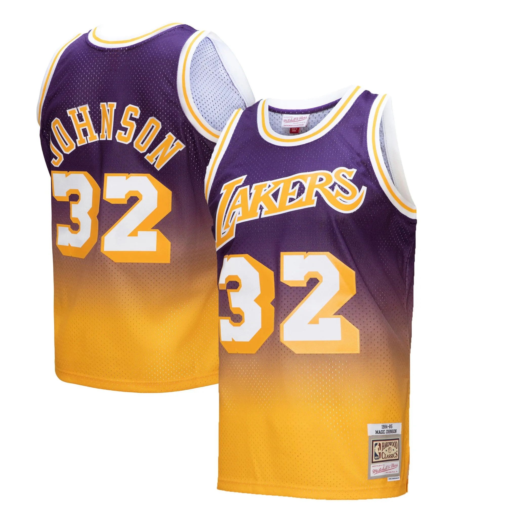 Magic Johnson Los Angeles Lakers Mitchell & Ness 1984-85 Hardwood Classics Fadeaway Swingman Player Jersey - Gold-Purple
