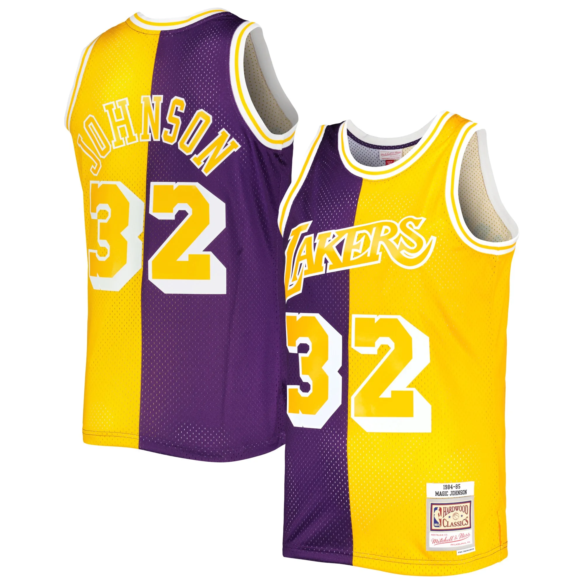 Magic Johnson Los Angeles Lakers Mitchell & Ness Hardwood Classics 1984-85 Split Swingman Jersey - Purple-Gold