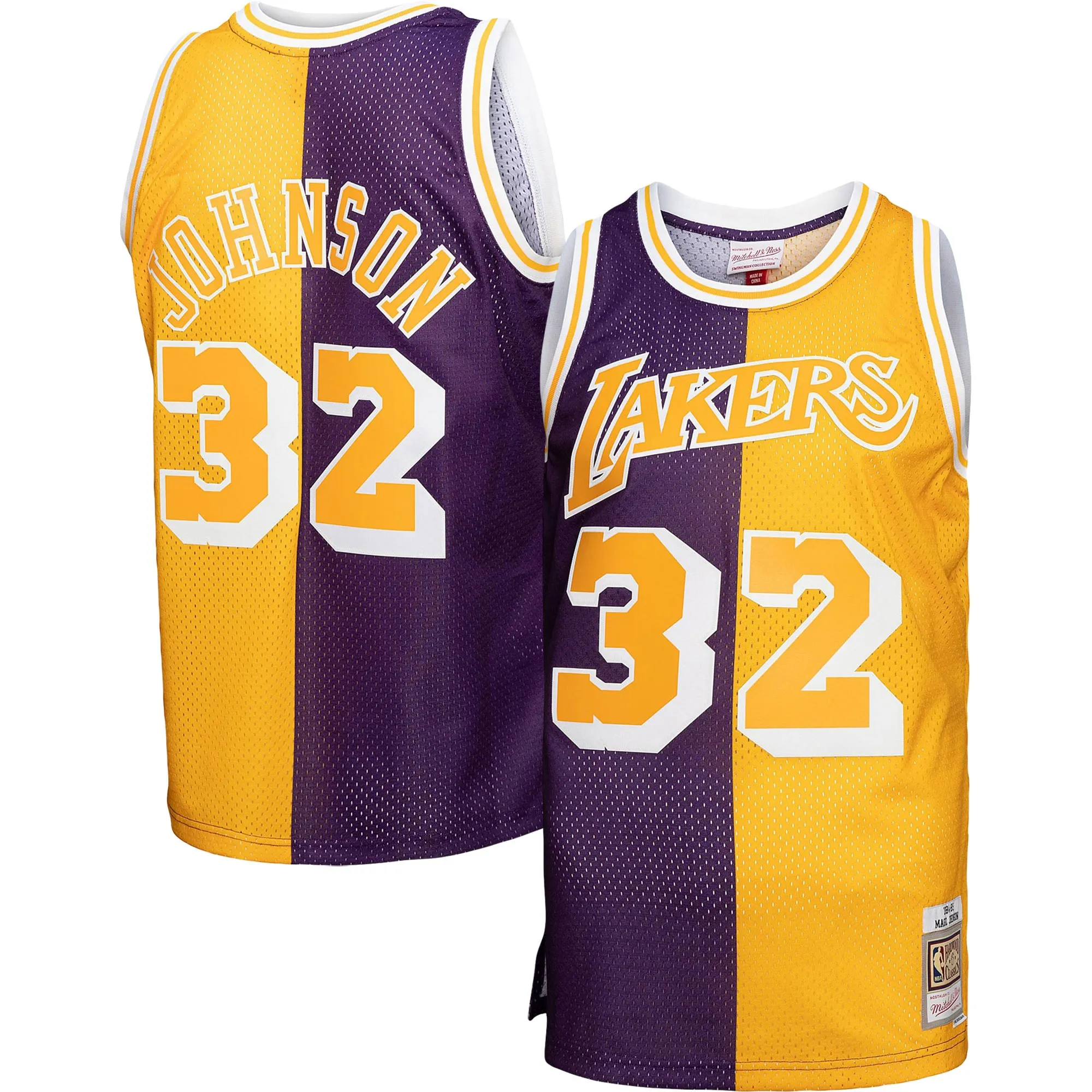 Magic Johnson Los Angeles Lakers Mitchell & Ness Big & Tall Hardwood Classics 1984-85 Split Swingman Jersey - Purple-Gold