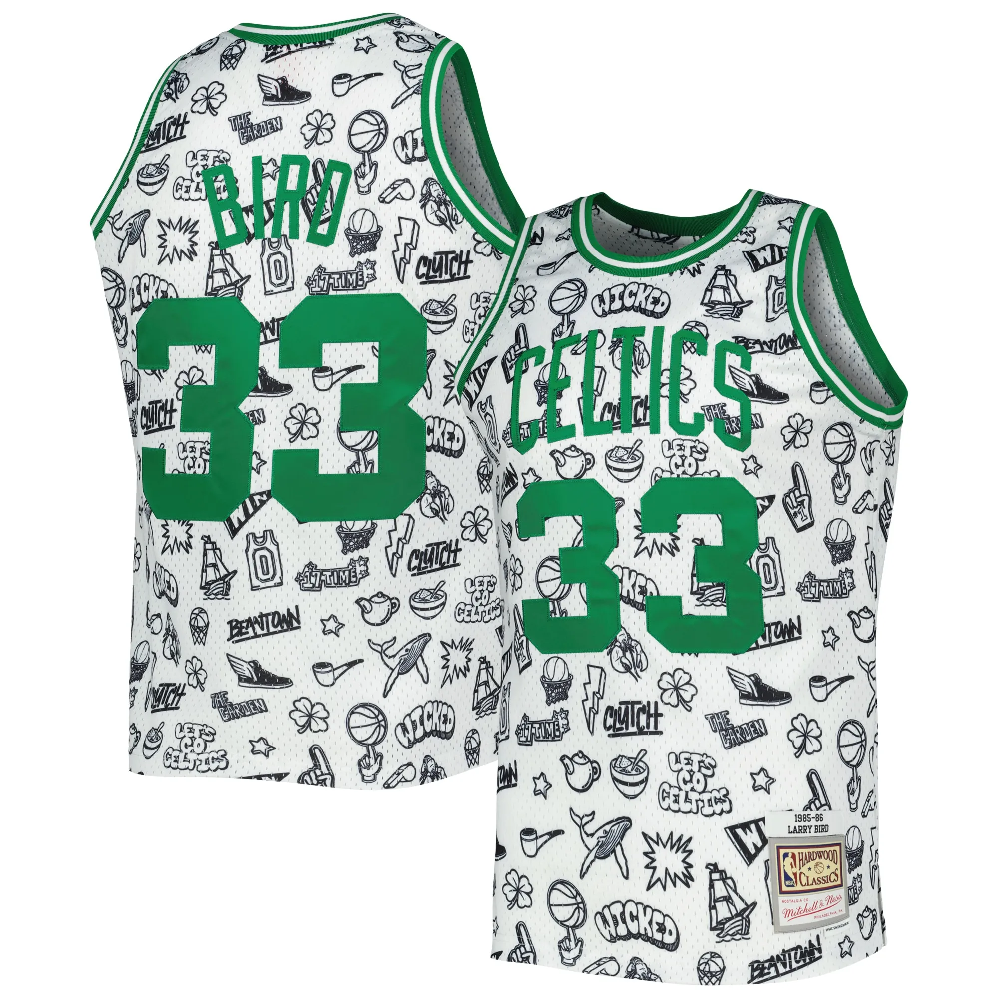 Larry Bird Boston Celtics Mitchell & Ness 1985-86 Hardwood Classics Doodle Swingman Jersey - White