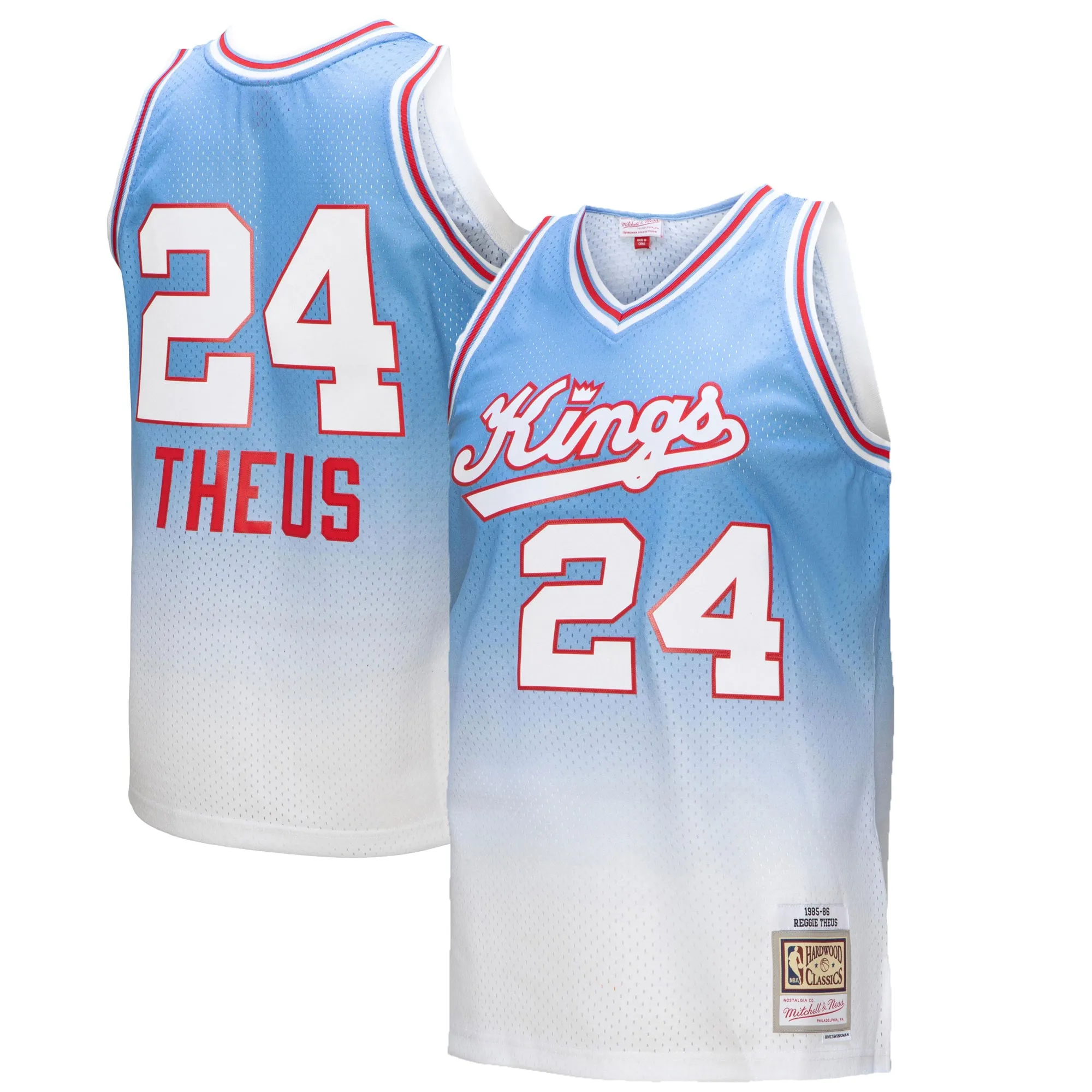 Reggie Theus Sacramento Kings Mitchell & Ness 1985-86 Hardwood Classics Fadeaway Swingman Player Jersey - White-Light Blue