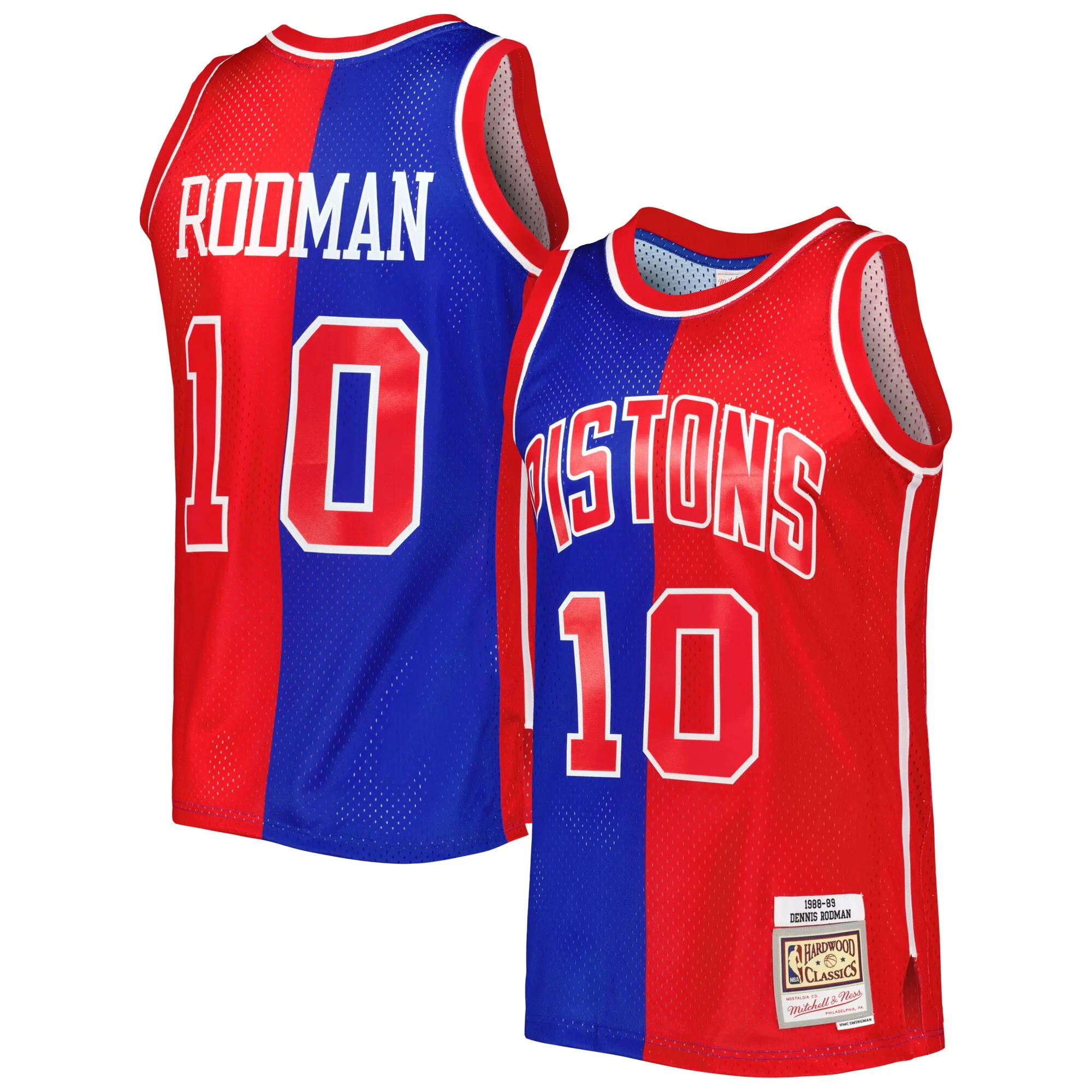 Dennis Rodman Detroit Pistons Mitchell & Ness Hardwood Classics 1988-89 Split Swingman Jersey - Blue-Red