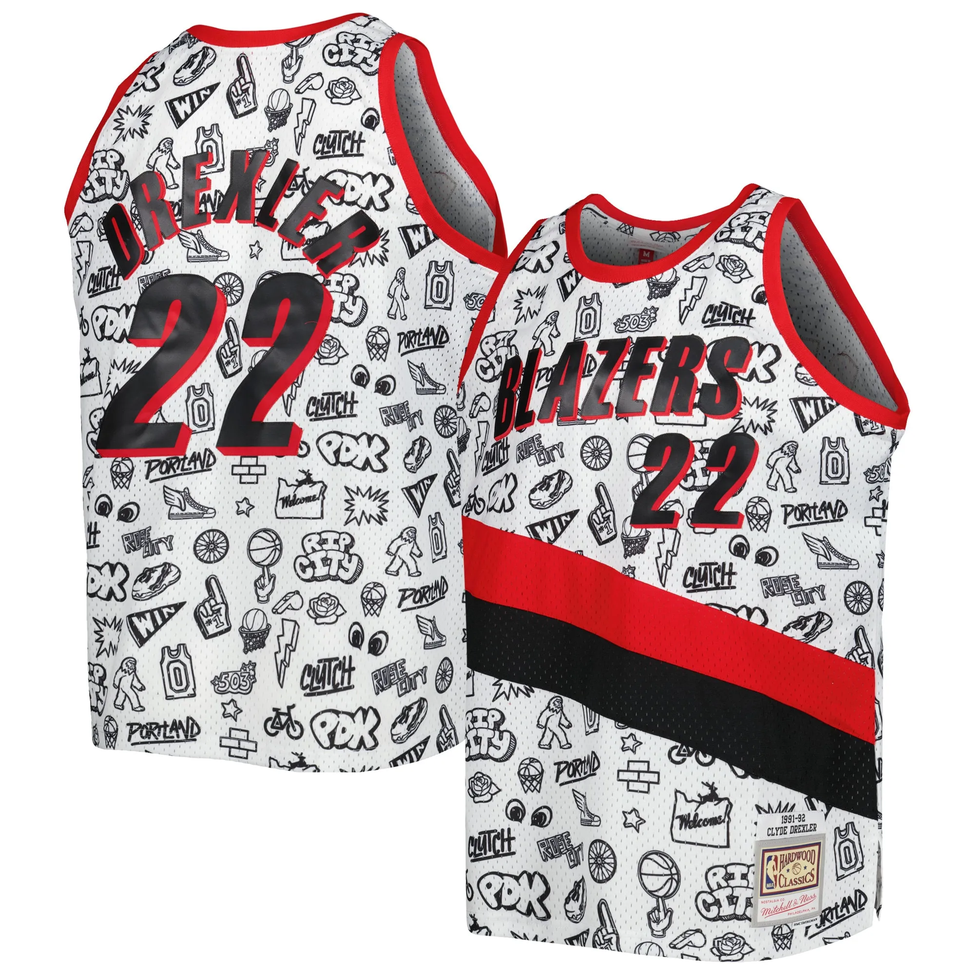 Clyde Drexler Portland Trail Blazers Mitchell & Ness 1991-92 Hardwood Classics Doodle Swingman Player Jersey - White