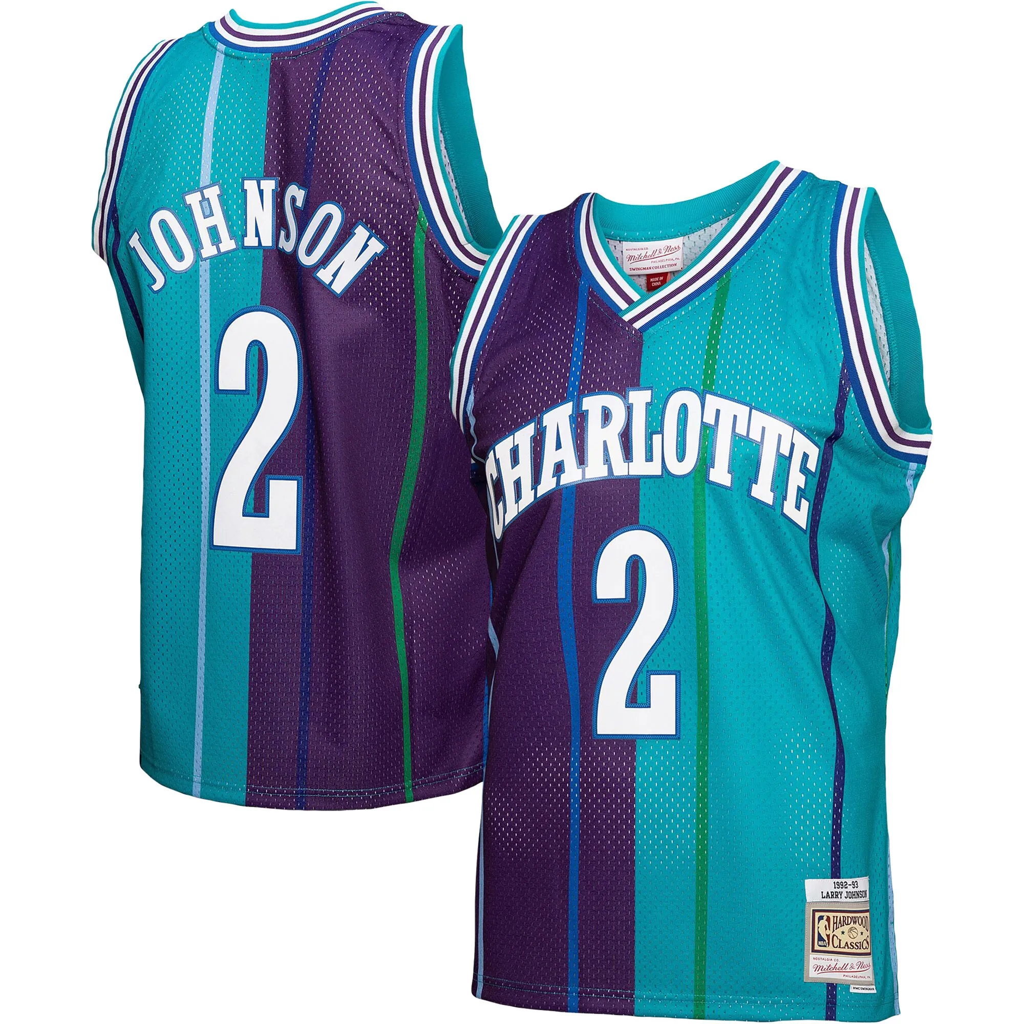 Larry Johnson Charlotte Hornets Mitchell & Ness Hardwood Classics Mitchell & Ness Split Swingman Jersey - Teal-Purple