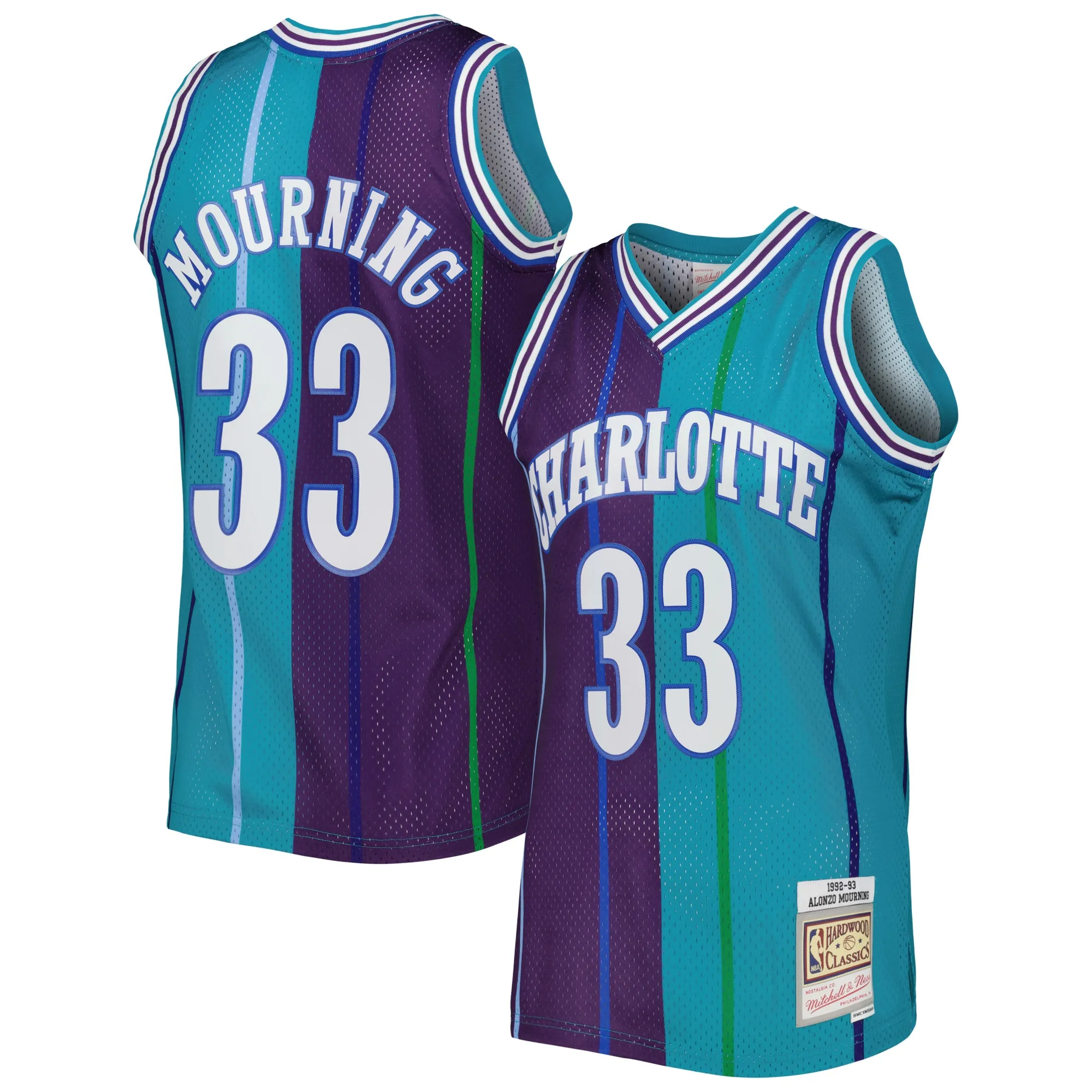 Alonzo Mourning Charlotte Hornets Mitchell & Ness Hardwood Classics 1992-93 Split Swingman Jersey - Teal-Purple