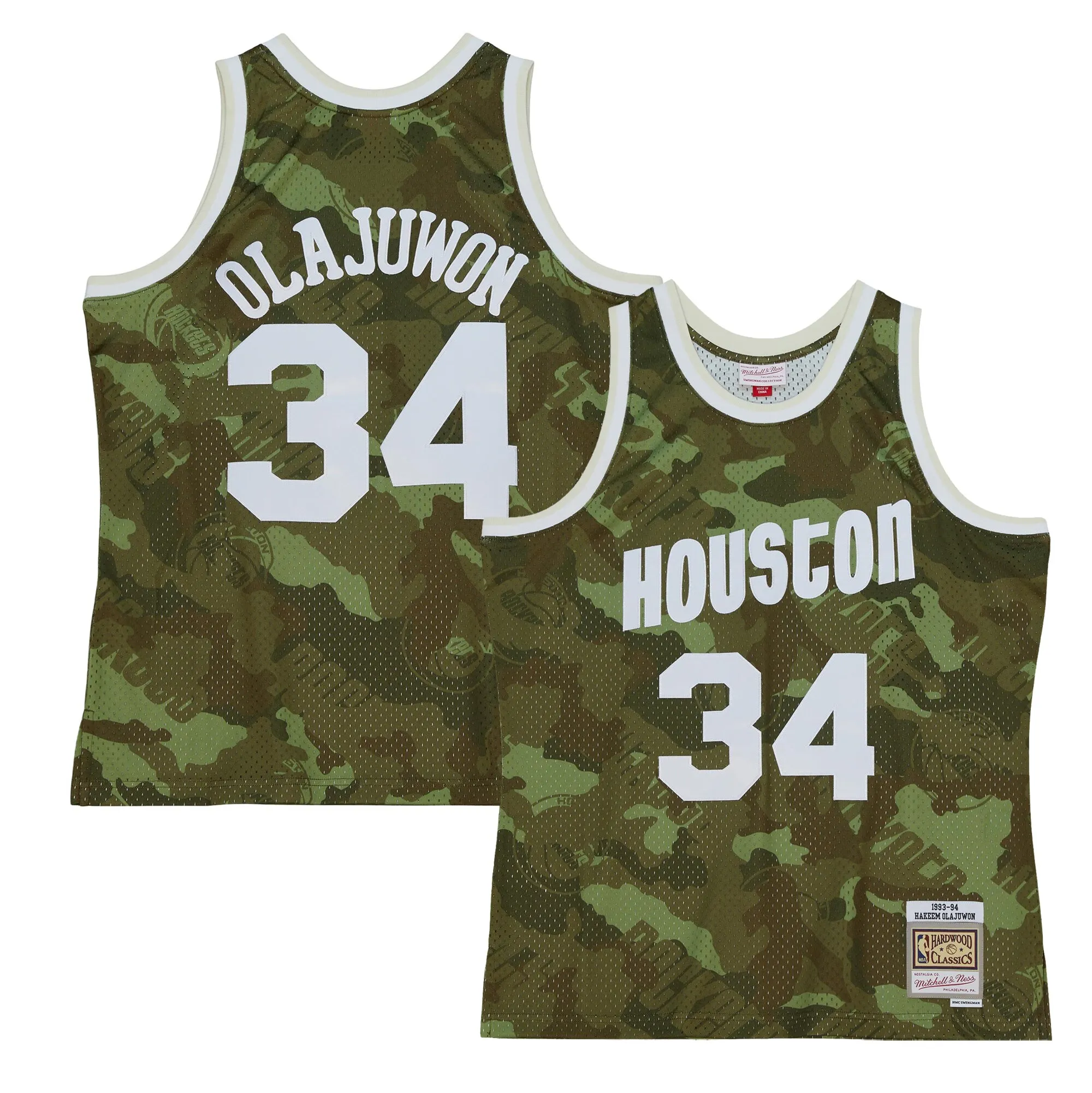 Hakeem Olajuwon Houston Rockets Mitchell & Ness Hardwood Classics 1993-94 Ghost Green Swingman Jersey - Camo